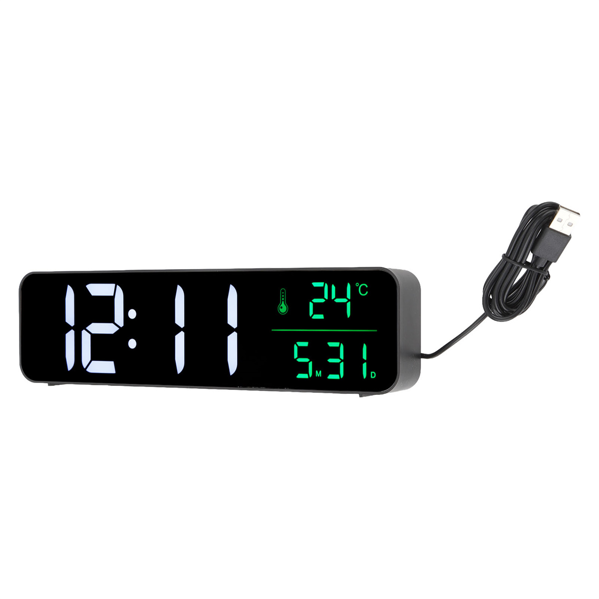 Schwarze Digitaluhr mit großen weißen Zahlen, die Zeit, Temperatur und Datum in Grün anzeigt.