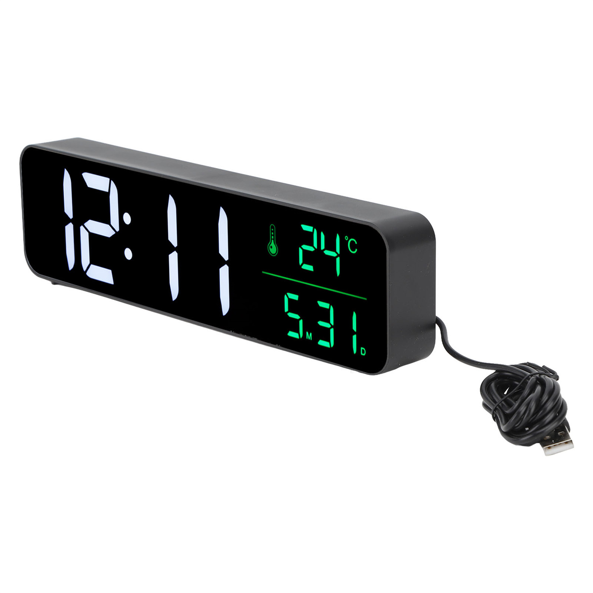 Eine schwarze Digitaluhr mit grüner Anzeige, die Zeit, Temperatur und Datum anzeigt. Ein USB-Kabel ist hinten angebracht.