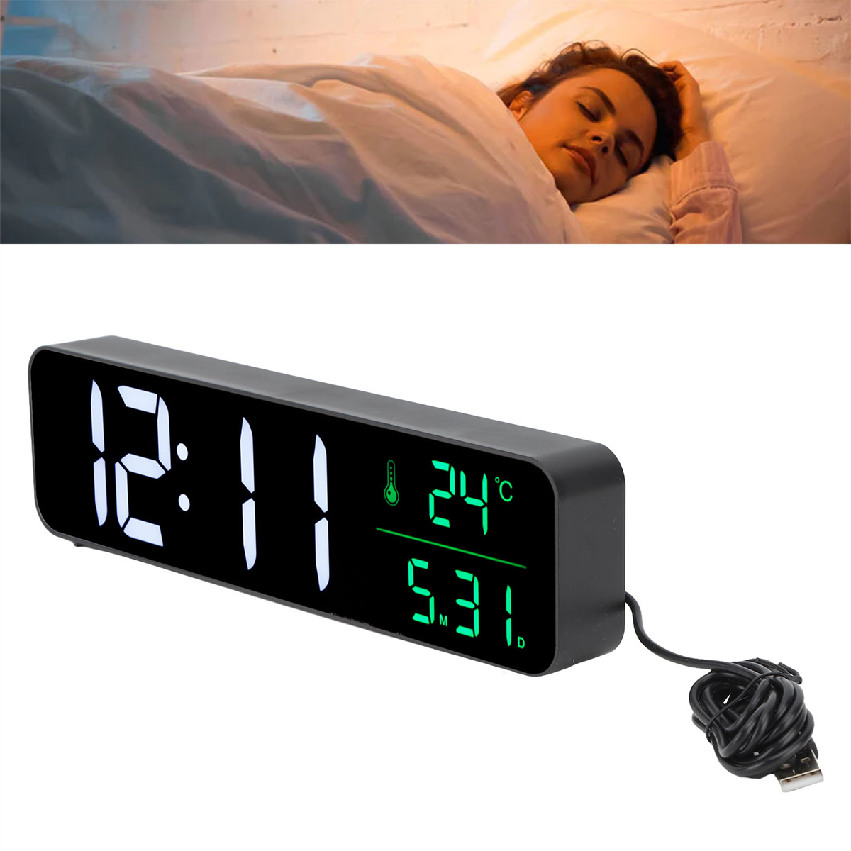 Digitaluhr mit Temperatur- und Zeitanzeige. Eine schlafende Person im Hintergrund.