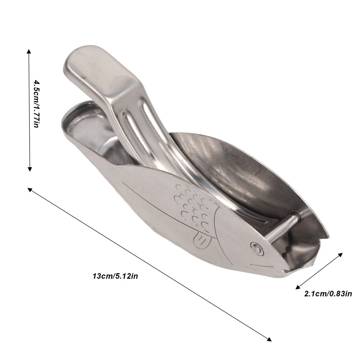 Metall-Zitronenpresse in Fischform mit beschrifteten Abmessungen, mit Fischdesign.