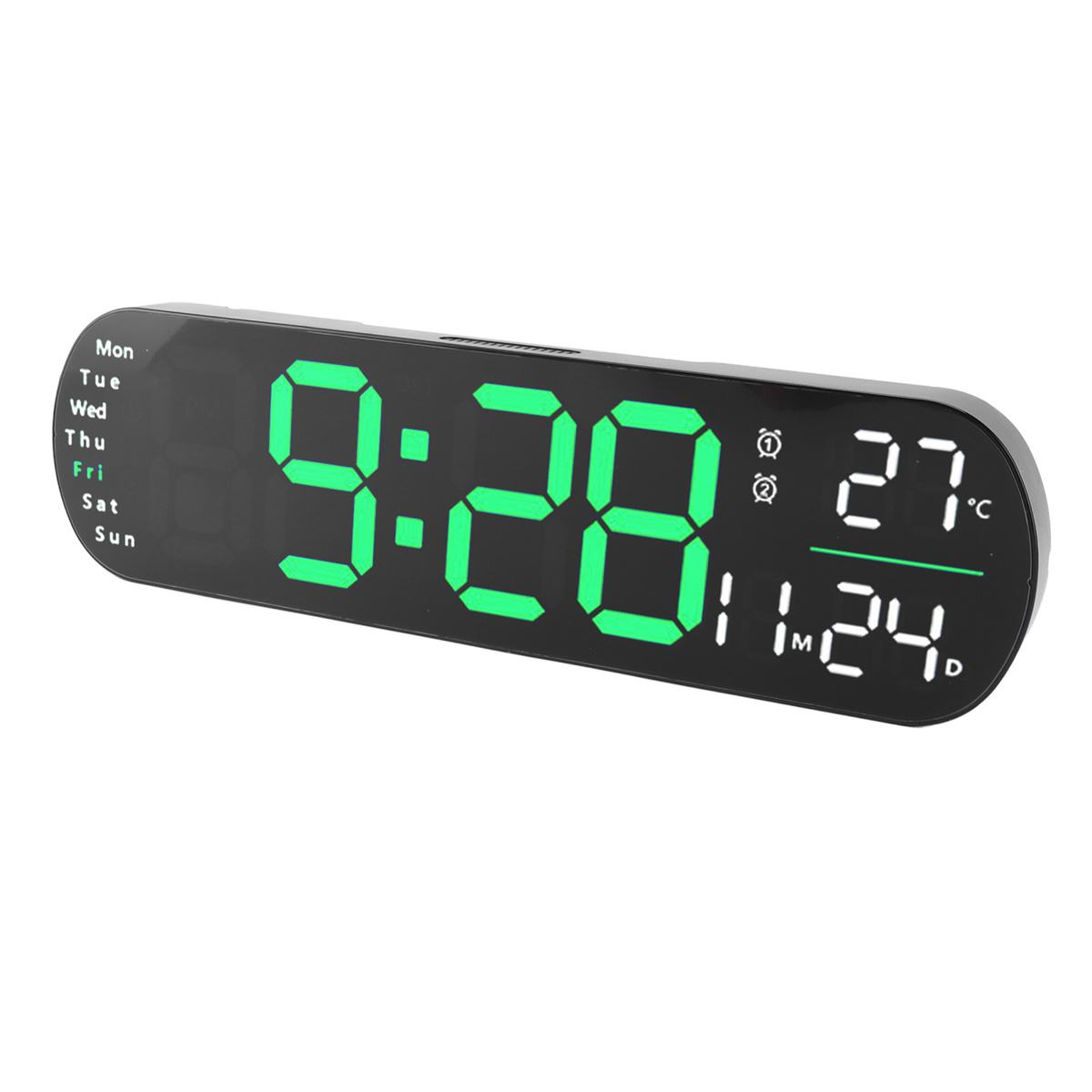 Eine Digitaluhr zeigt 9:28, 11.24, 27°C und eine Tagesanzeige an.