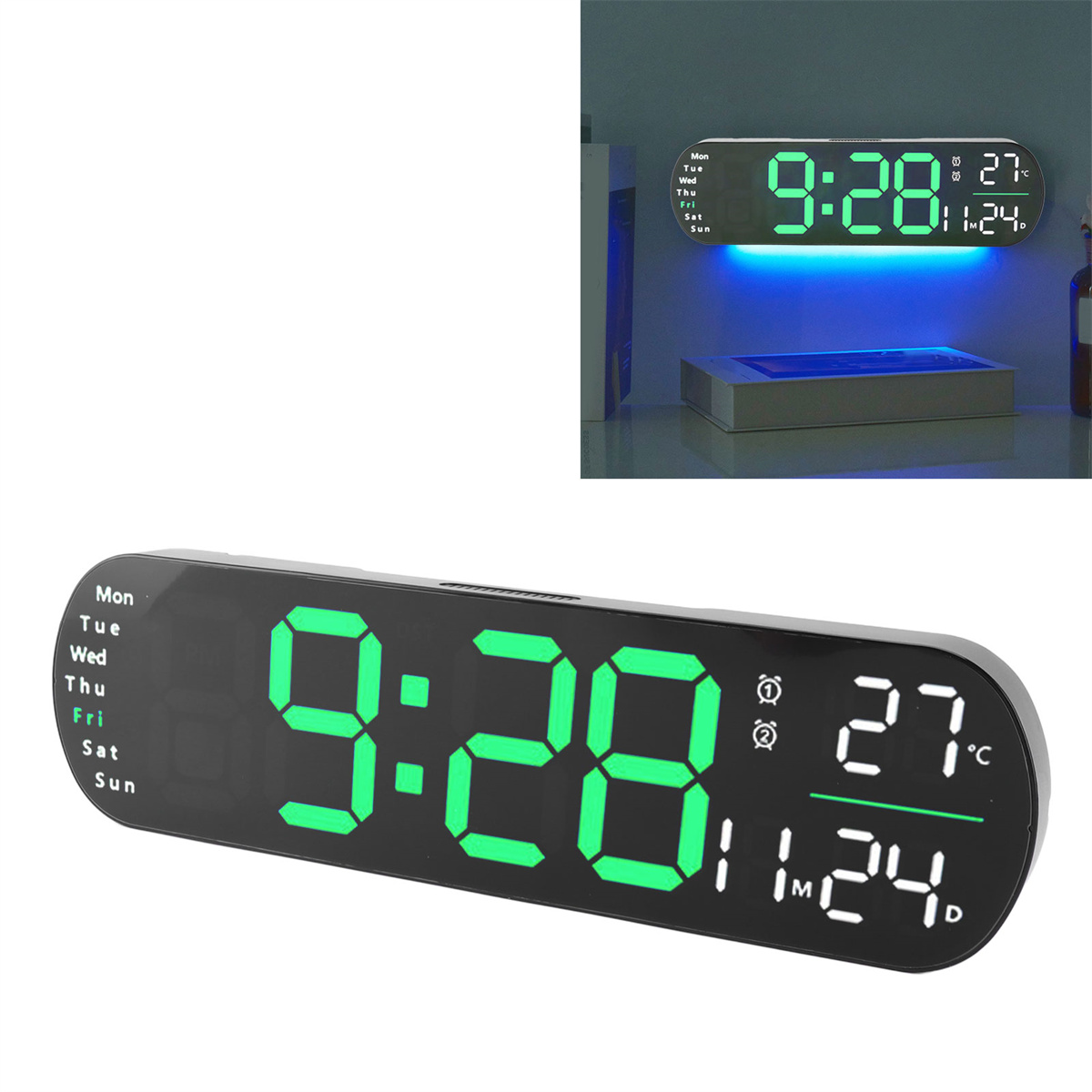 Eine Digitaluhr, die Zeit, Datum und Wochentag anzeigt.