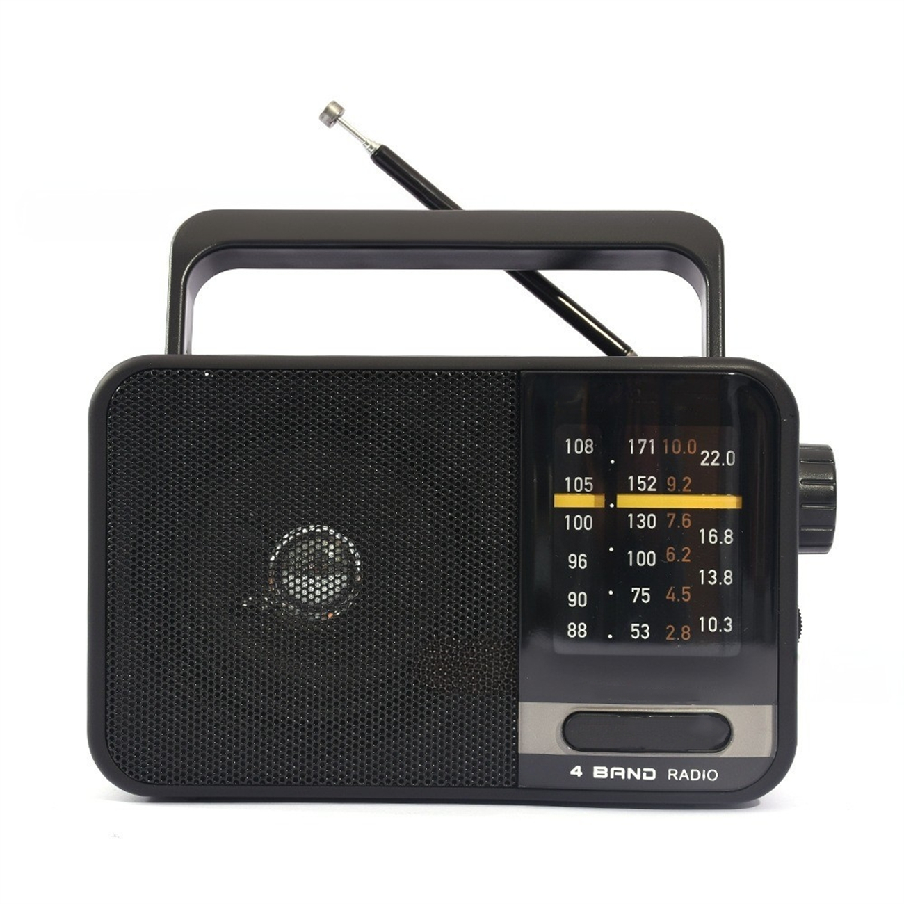 Ein schwarzes 4-Band-Radio mit Griff, Antenne und Drehknopf.