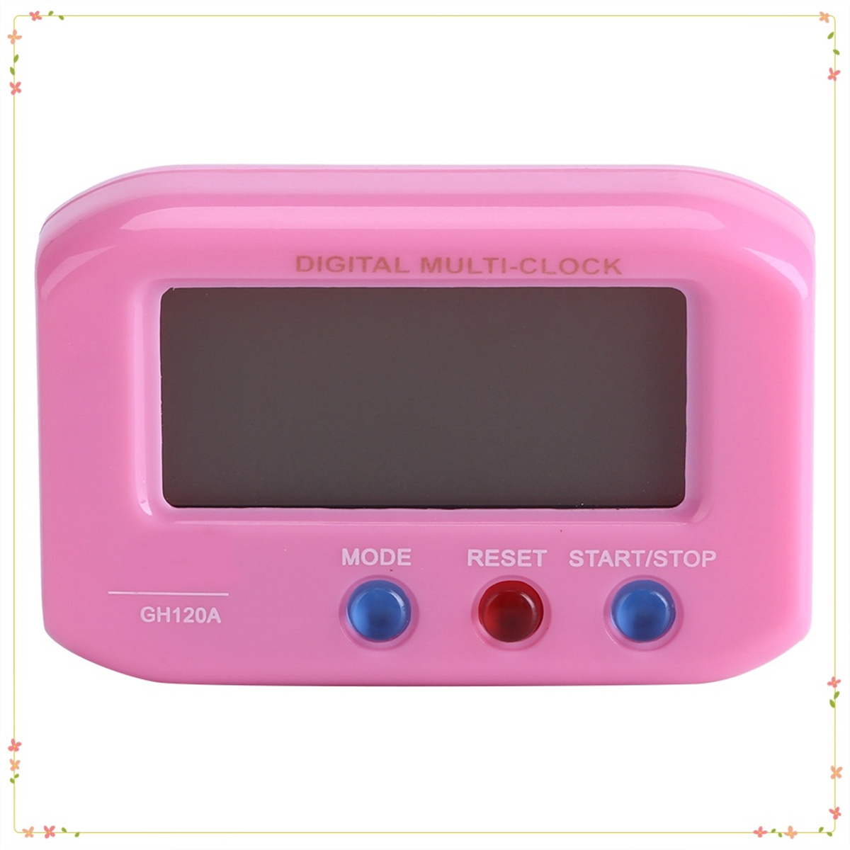 Rosa digitale Multiuhr. Sie hat ein Display und drei Tasten: Modus, Rücksetzen und Start/Stopp.