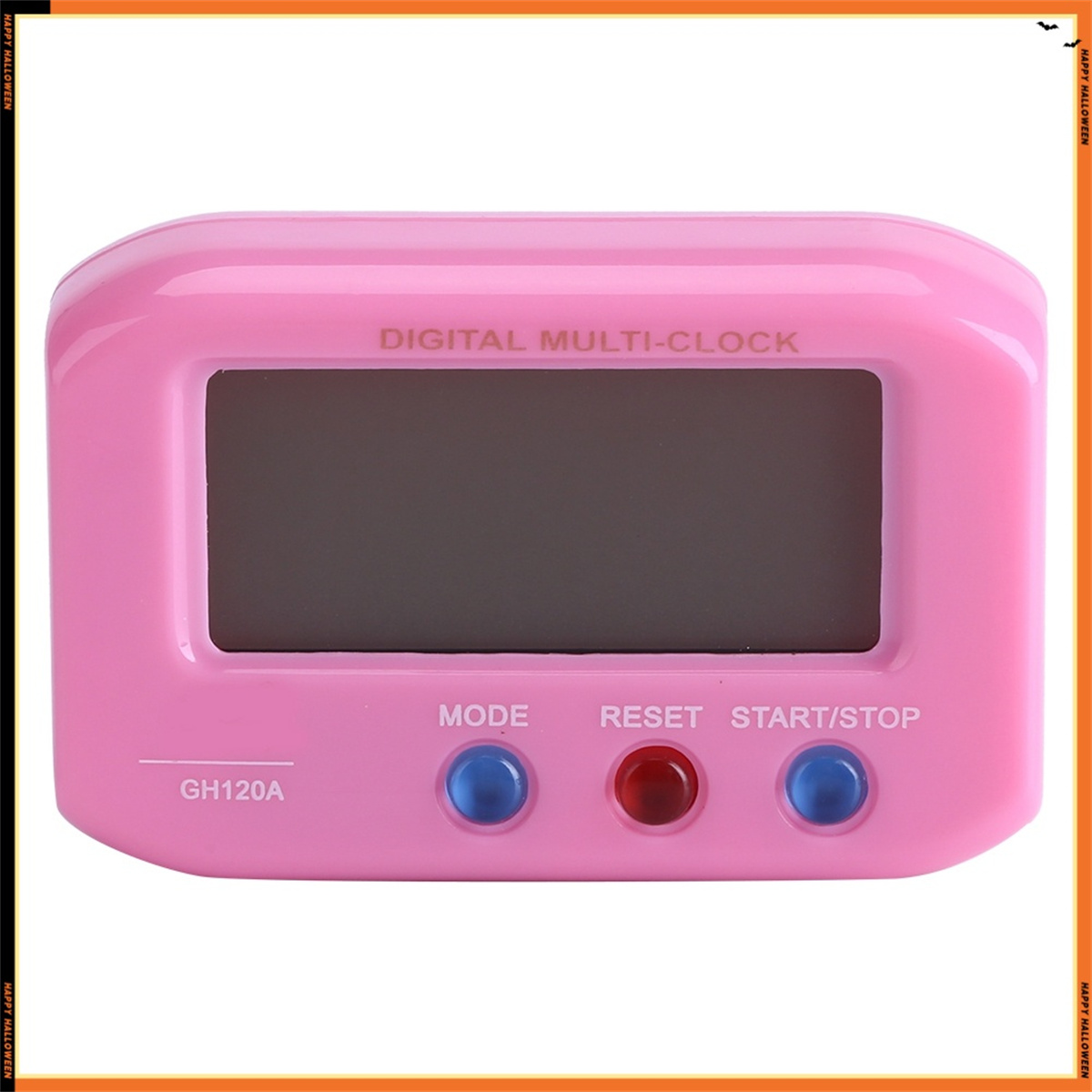 Rosa digitale Multi-Uhr mit Display und Knöpfen. Rosa Rahmen um die Uhr.