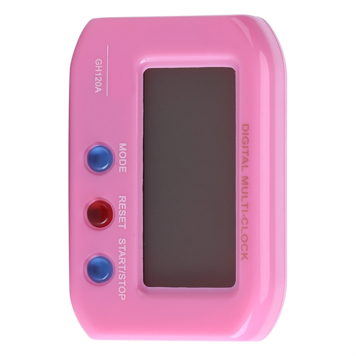 Rosa digitale Multi-Uhr mit drei Knöpfen und einem schwarzen Display. Beschriftet 'MODE', 'RESET', 'START/STOP'.