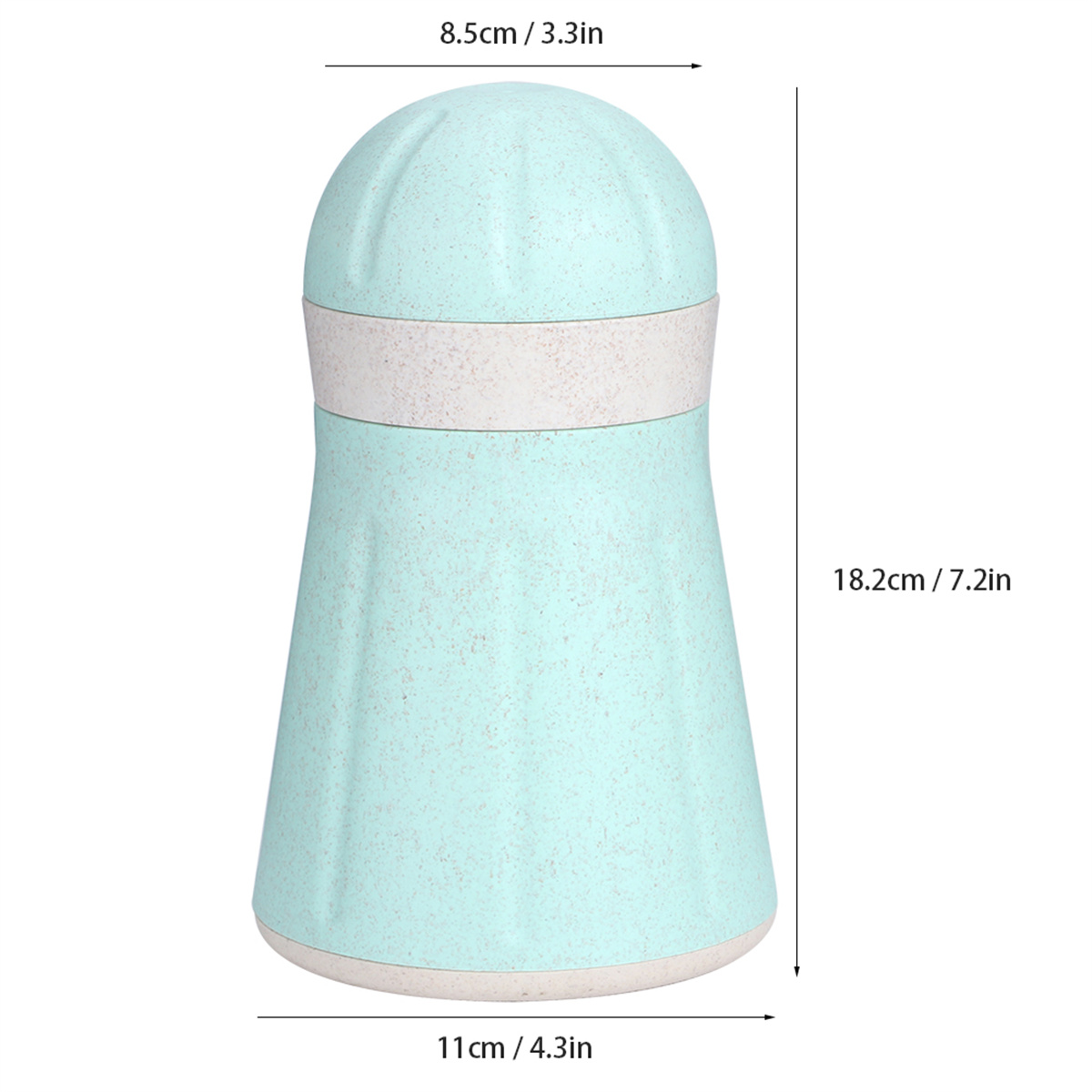 Ein mintgrüner Zitruspresse. Abmessungen angegeben, 18,2 cm hoch.