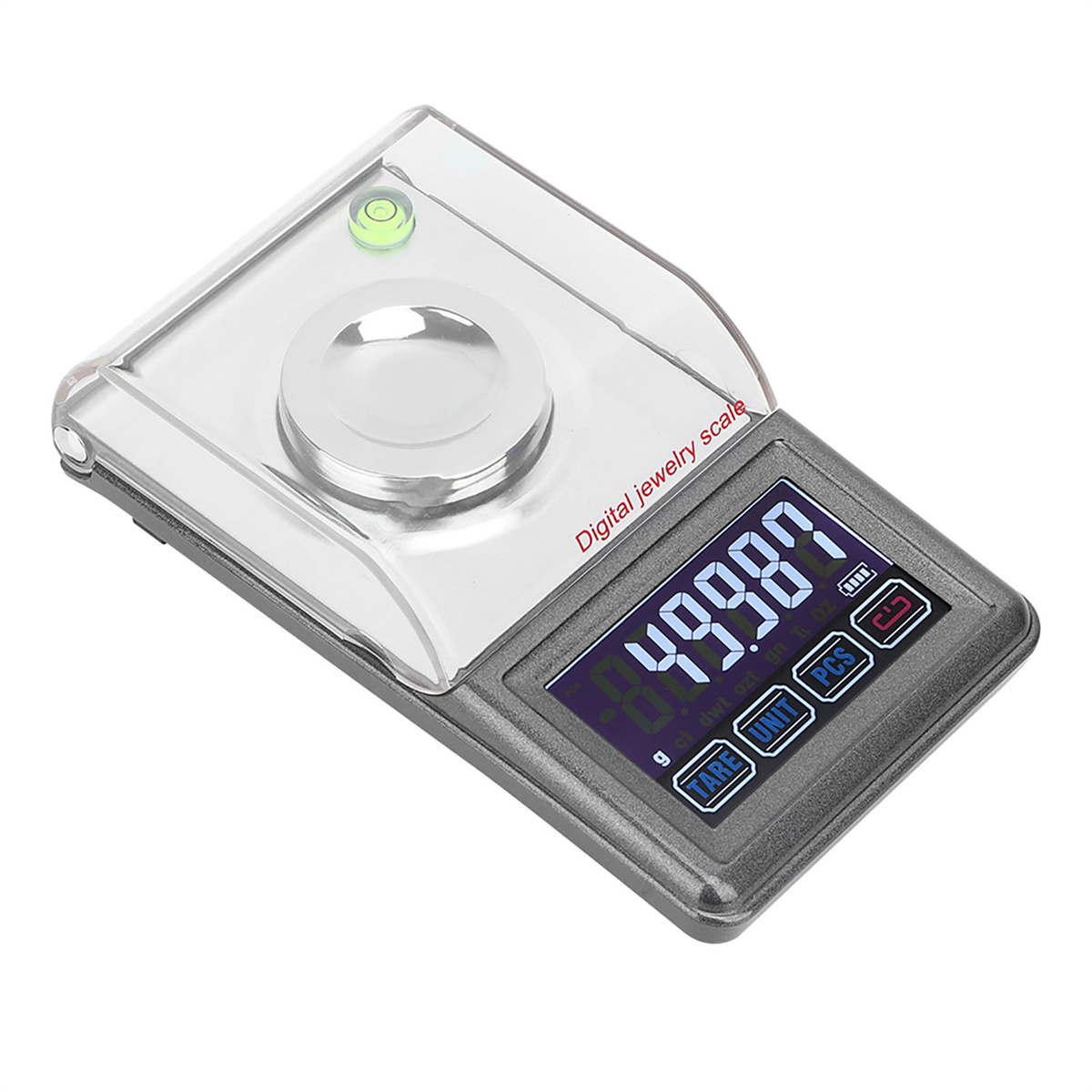 Eine digitale Schmuckwaage, die ein Gewicht von 499,87 anzeigt. Eine transparente Abdeckung ist oben.