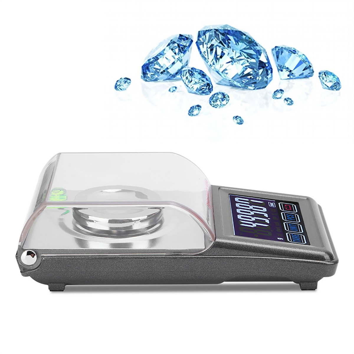 Digitale Waage mit transparentem Deckel und mehreren blauen Diamanten auf weißem Hintergrund.