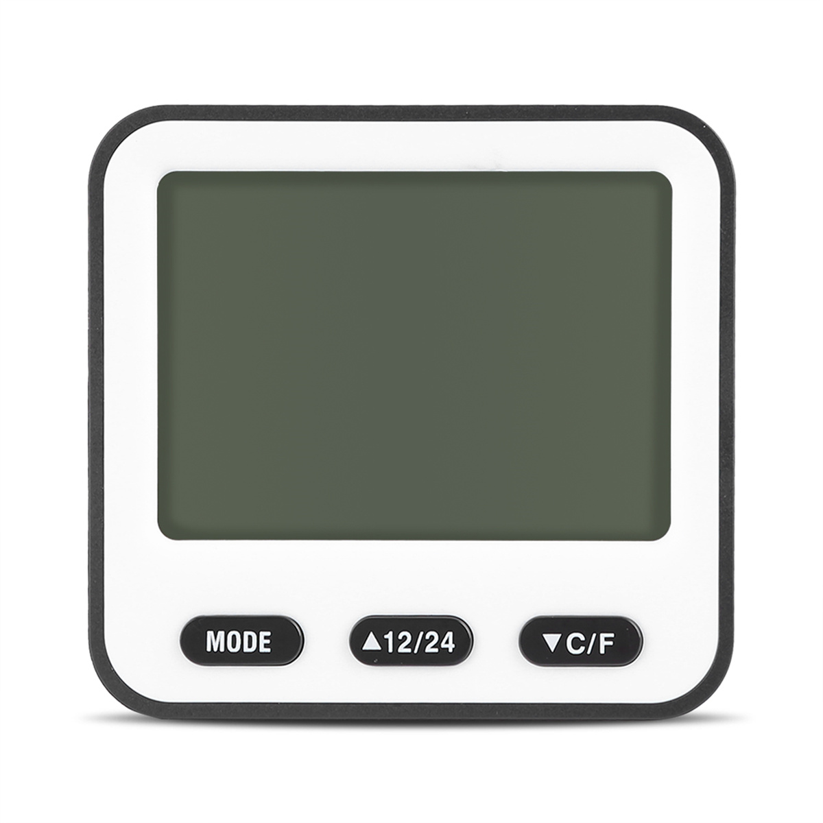 Ein digitales Thermometer mit Schwarz-Weiß-Anzeige. Zeigt MODE-, 12/24- und C/F-Tasten.