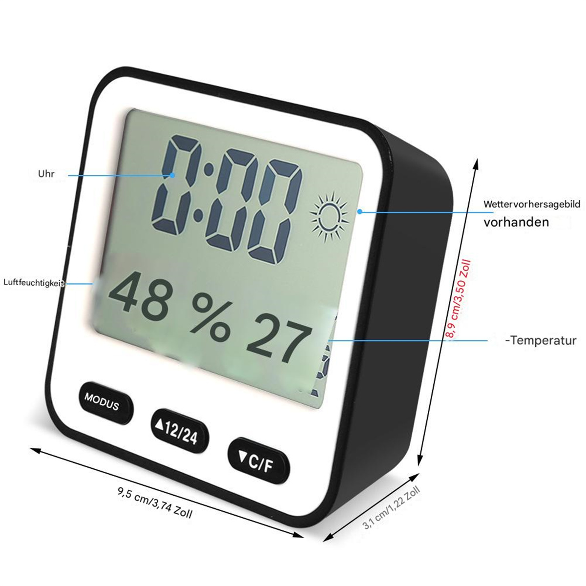 Digitaluhr mit Anzeige 0:00, 48 % und 27. Funktionen: Luftfeuchtigkeit, Wettervorhersage und Temperatur.