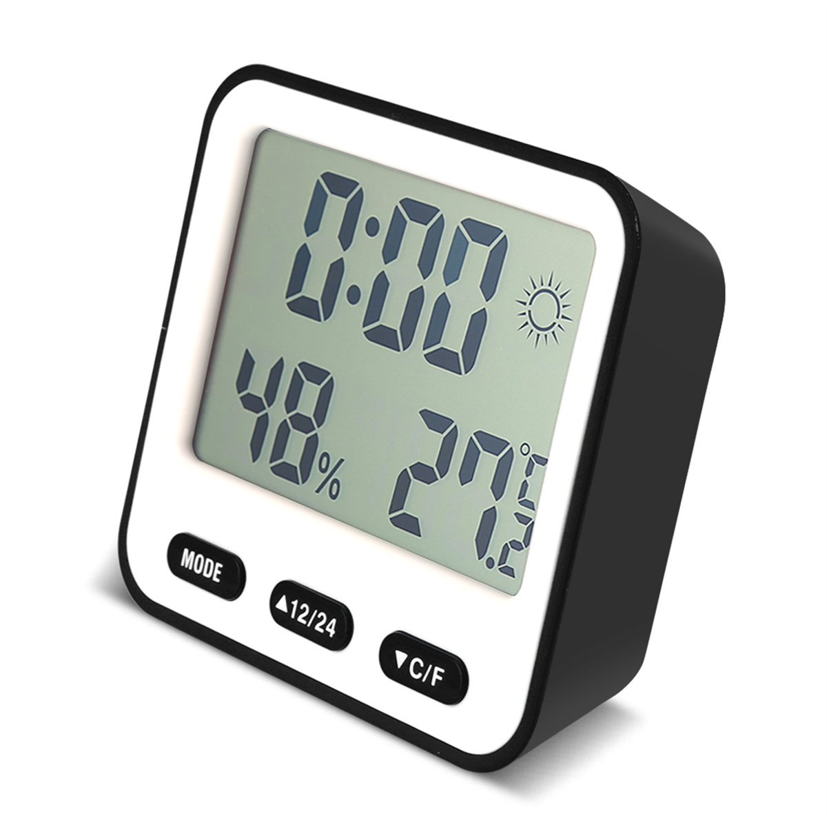 Schwarz-weiße Digitaluhr, die Zeit, Luftfeuchtigkeit und Temperatur anzeigt. Knöpfe mit der Bezeichnung MODE, 12/24 und C/F.