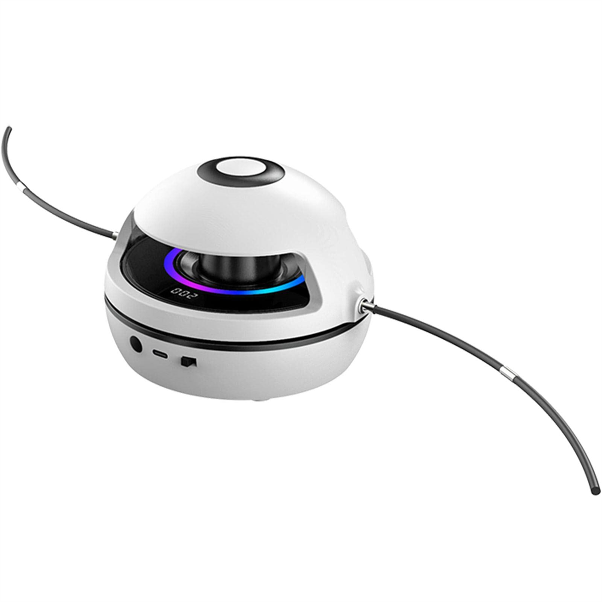 Weißer Roboter-Rasenmäher mit schwarzem Kabel. Die Oberseite hat einen schwarzen Ring und blaues Licht.