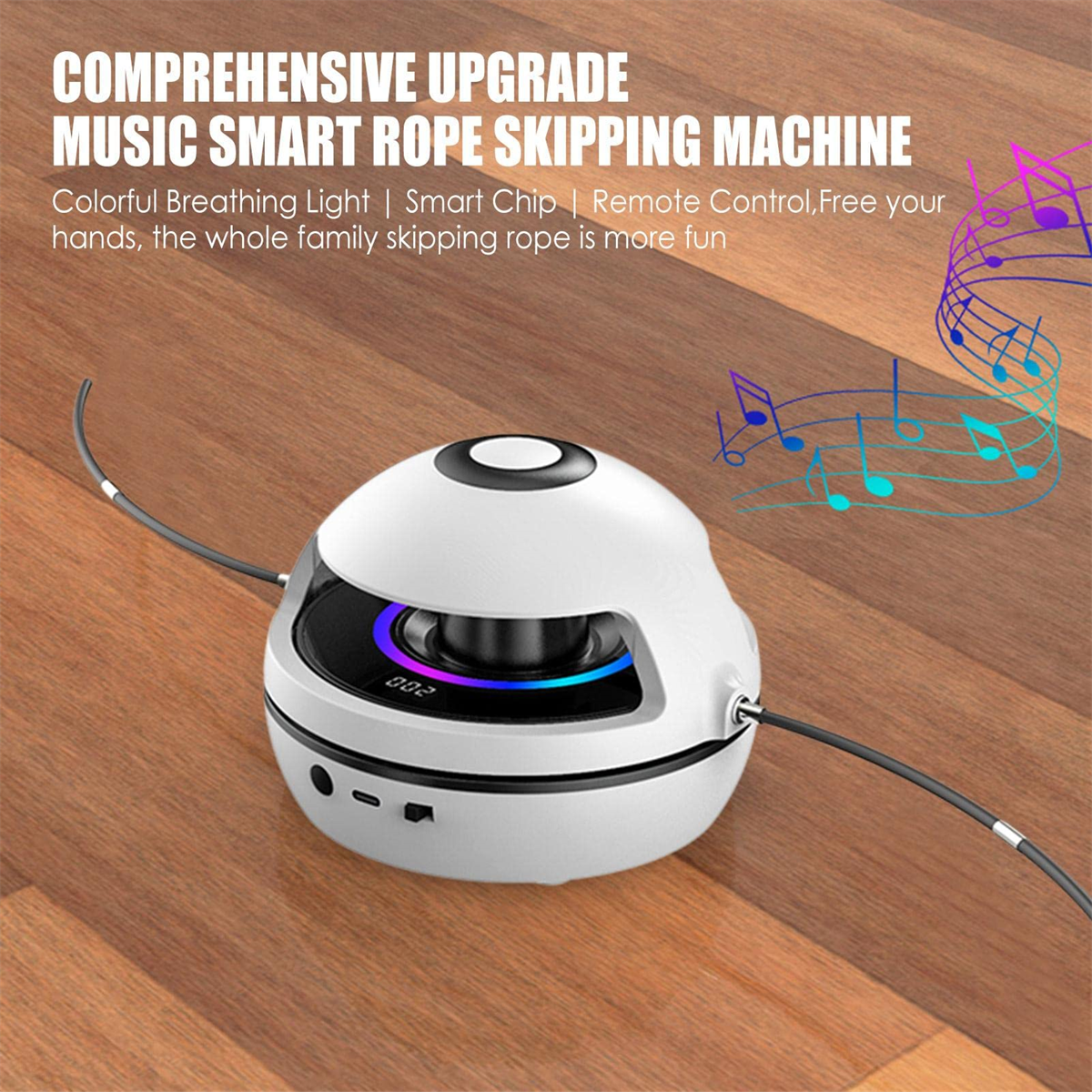 Eine weiße, intelligente Seilspringmaschine mit digitaler Anzeige und Holzoberfläche.