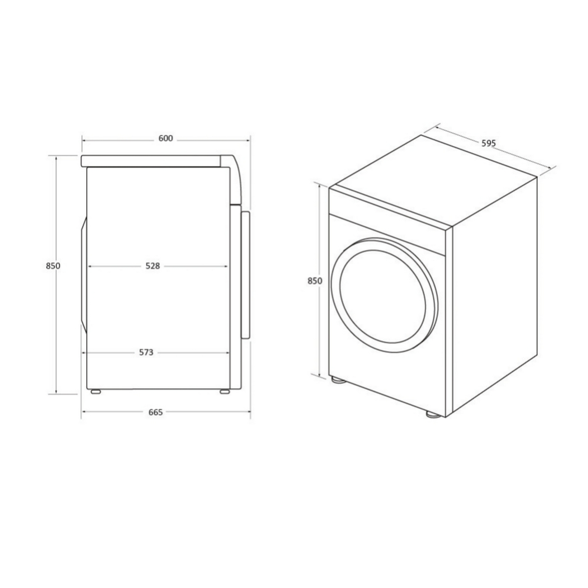 Schemat pralki, pokazujący wymiary, widoki z boku i z przodu.