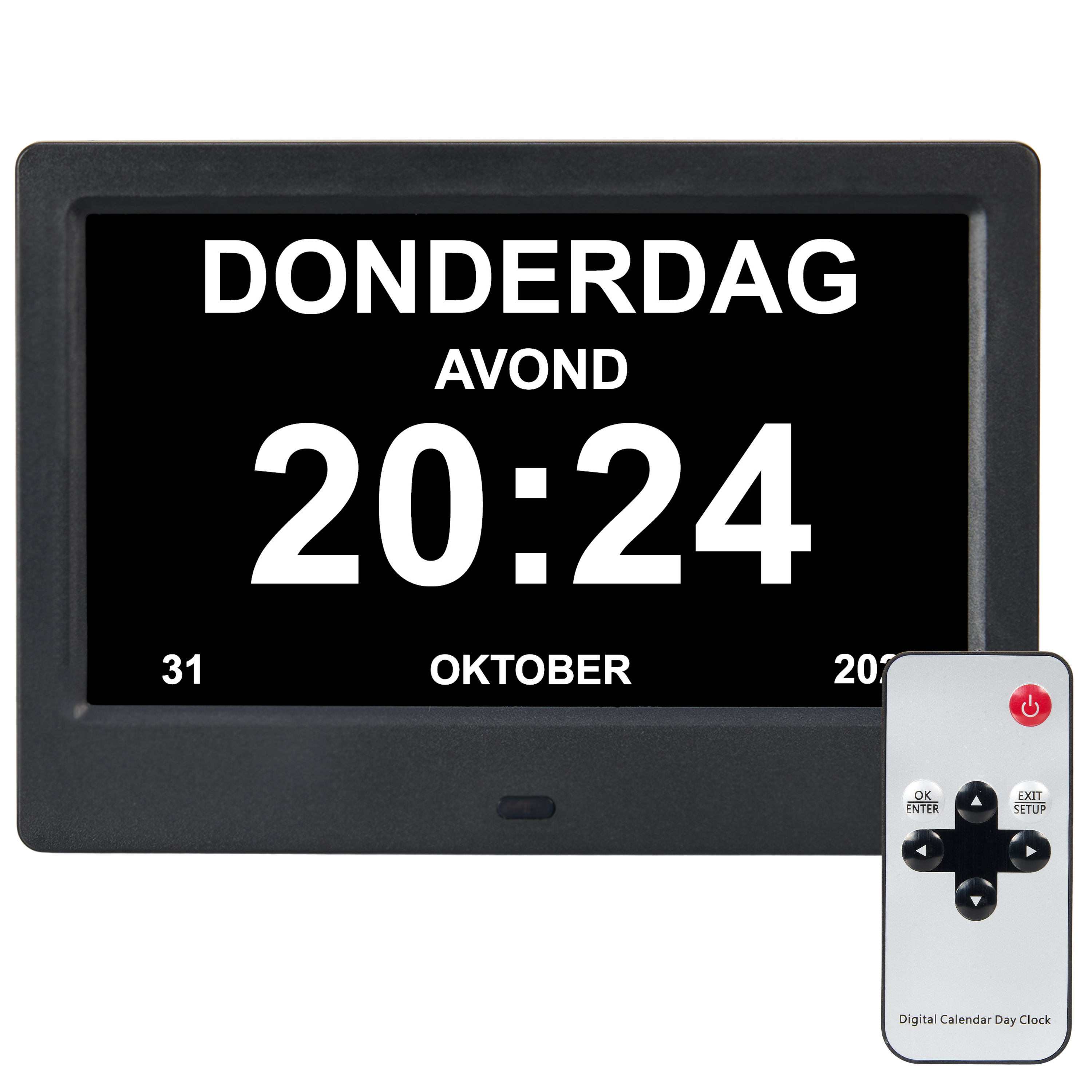 Digitale kalenderklok met 'DONERDAG', 'AVOND', 20:24, 31 OKTOBER 2024 en een afstandsbediening.