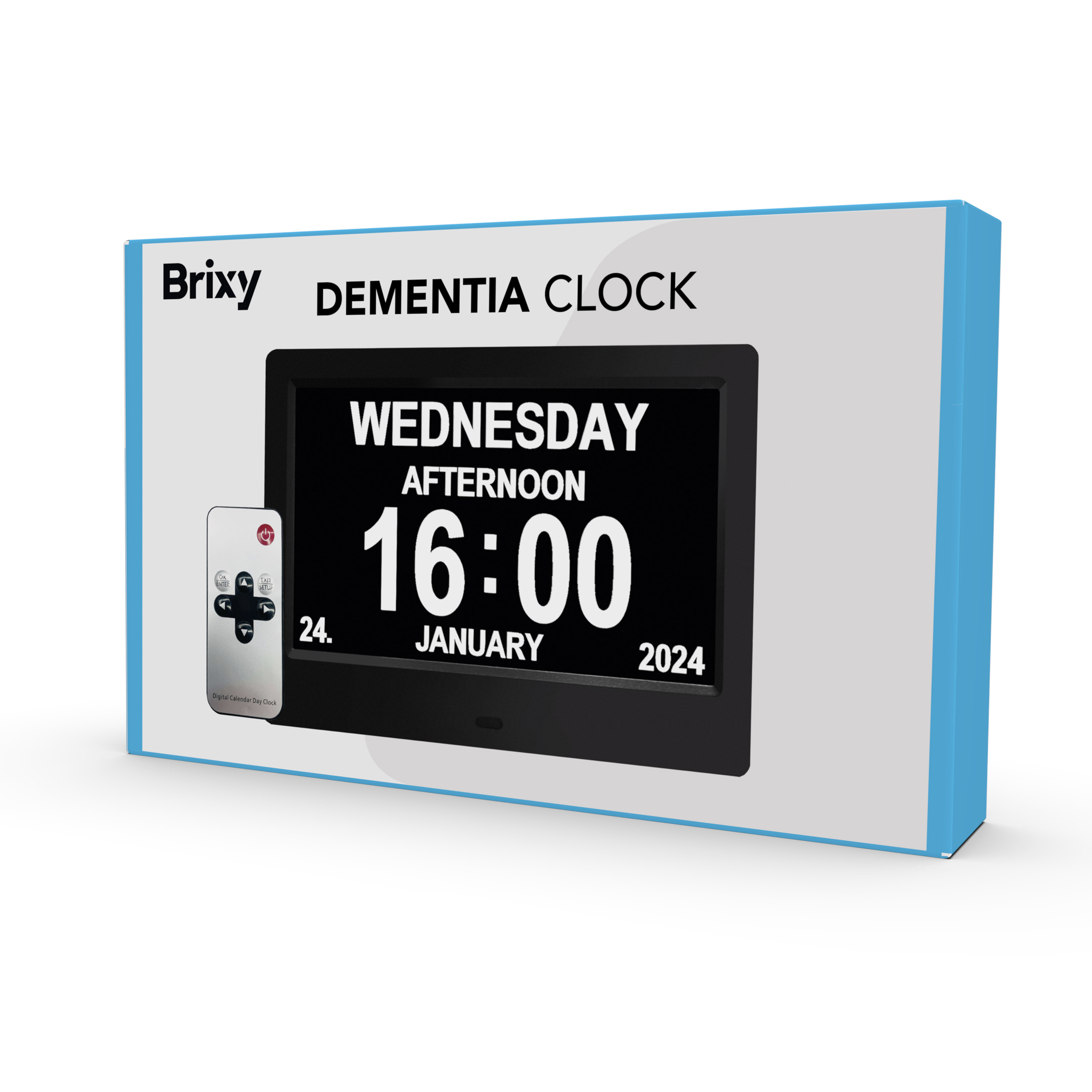 Een dementieklok toont 'Woensdag Middag 16:00', met '24. Januari 2024'. Afstandsbediening links.