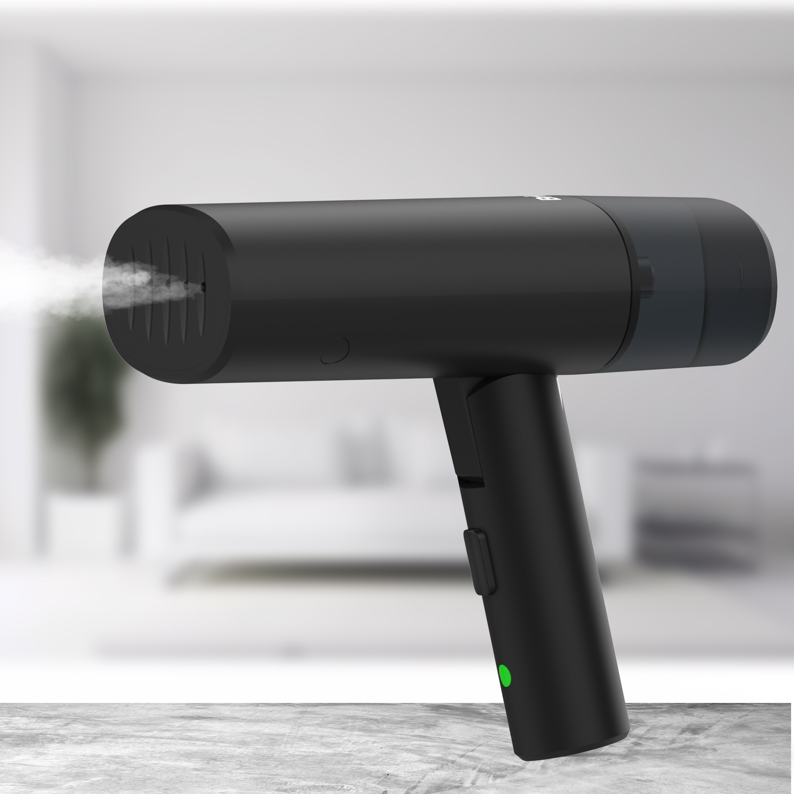 Black handheld steamer with steam coming out. It is on a concrete surface, with a blurred background.