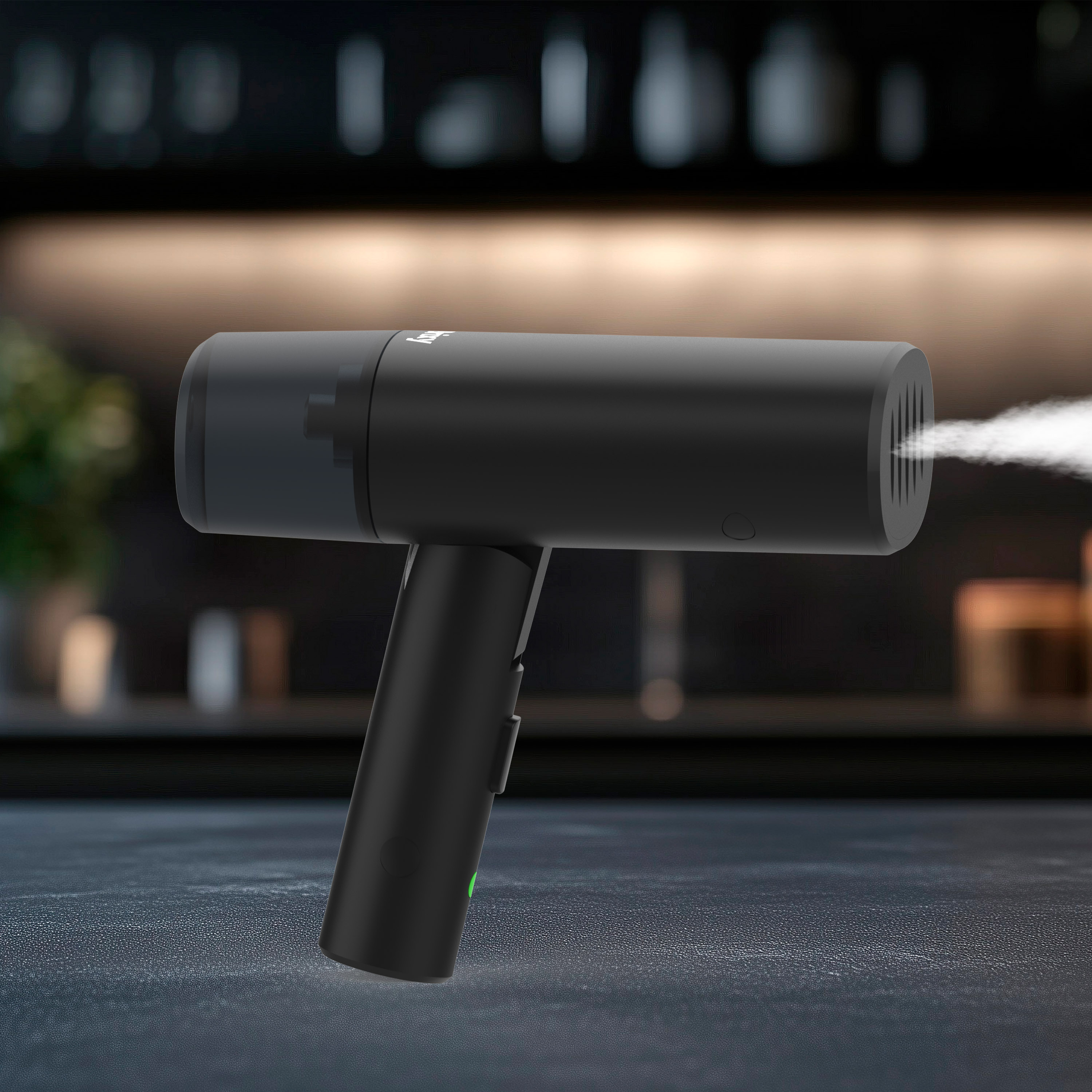Black handheld steamer emitting steam. The steamer is on a dark surface in a kitchen setting.