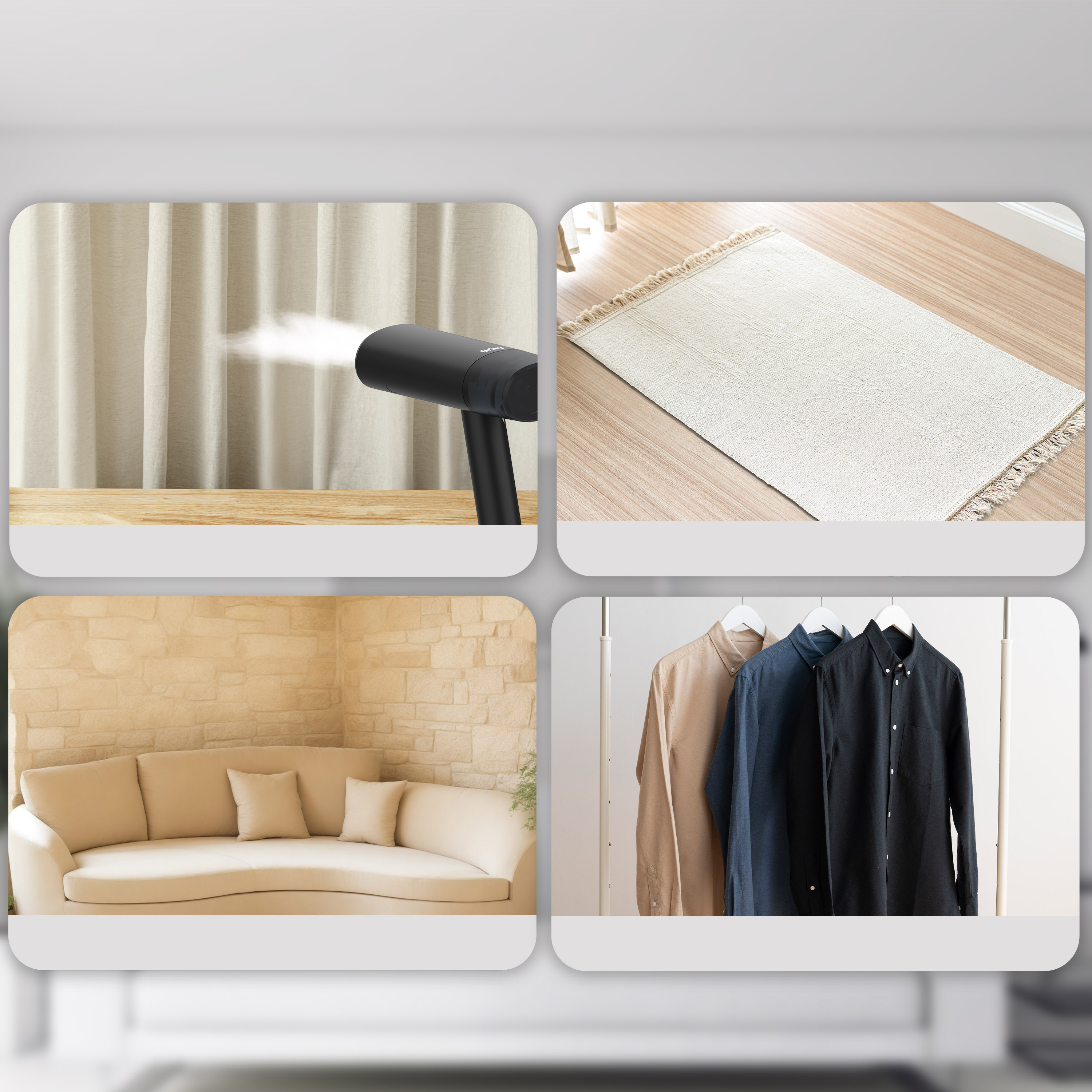 Four images: steamer, rug, sofa, shirts on a rack, all in a well-lit room.