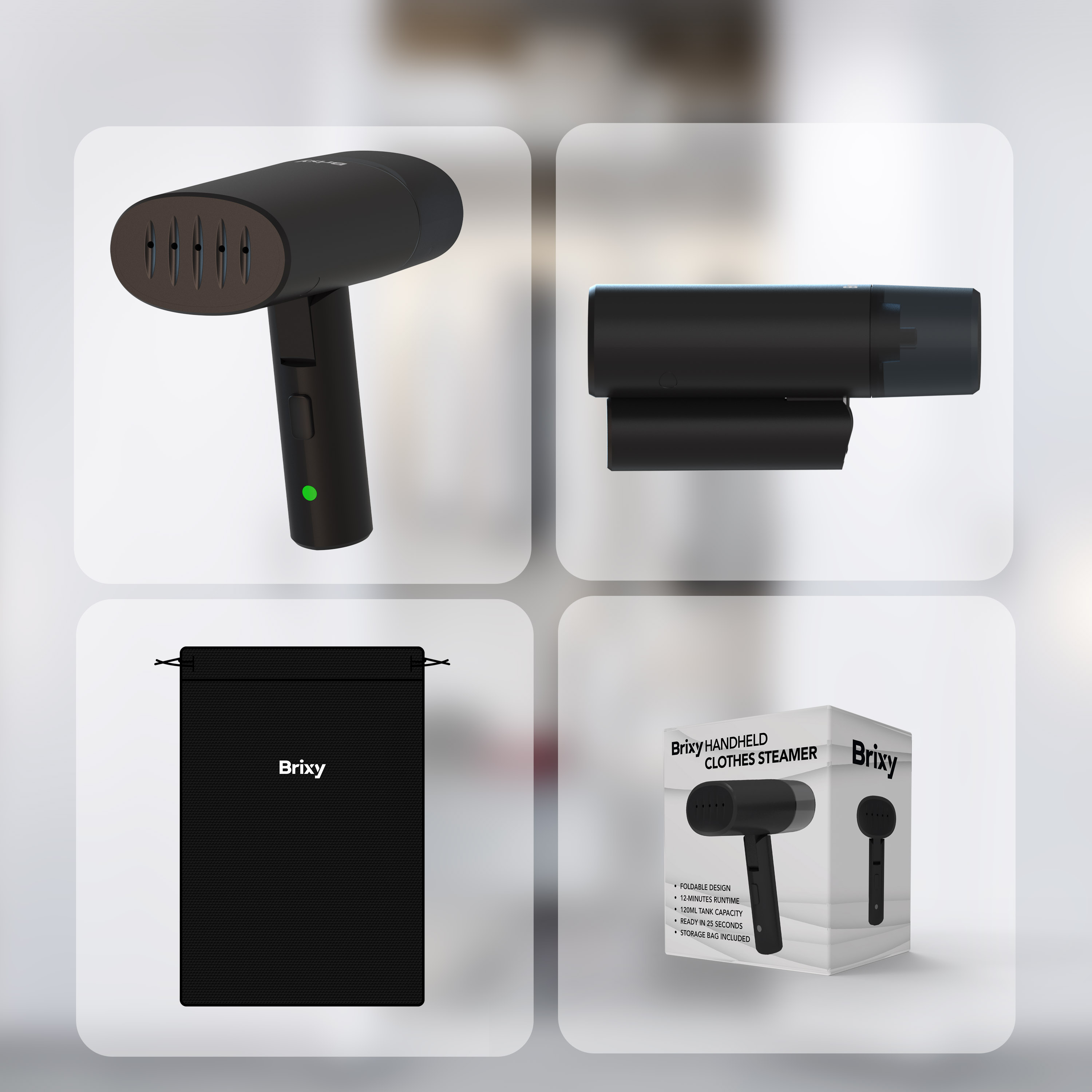 A black handheld clothes steamer with packaging and accessories.