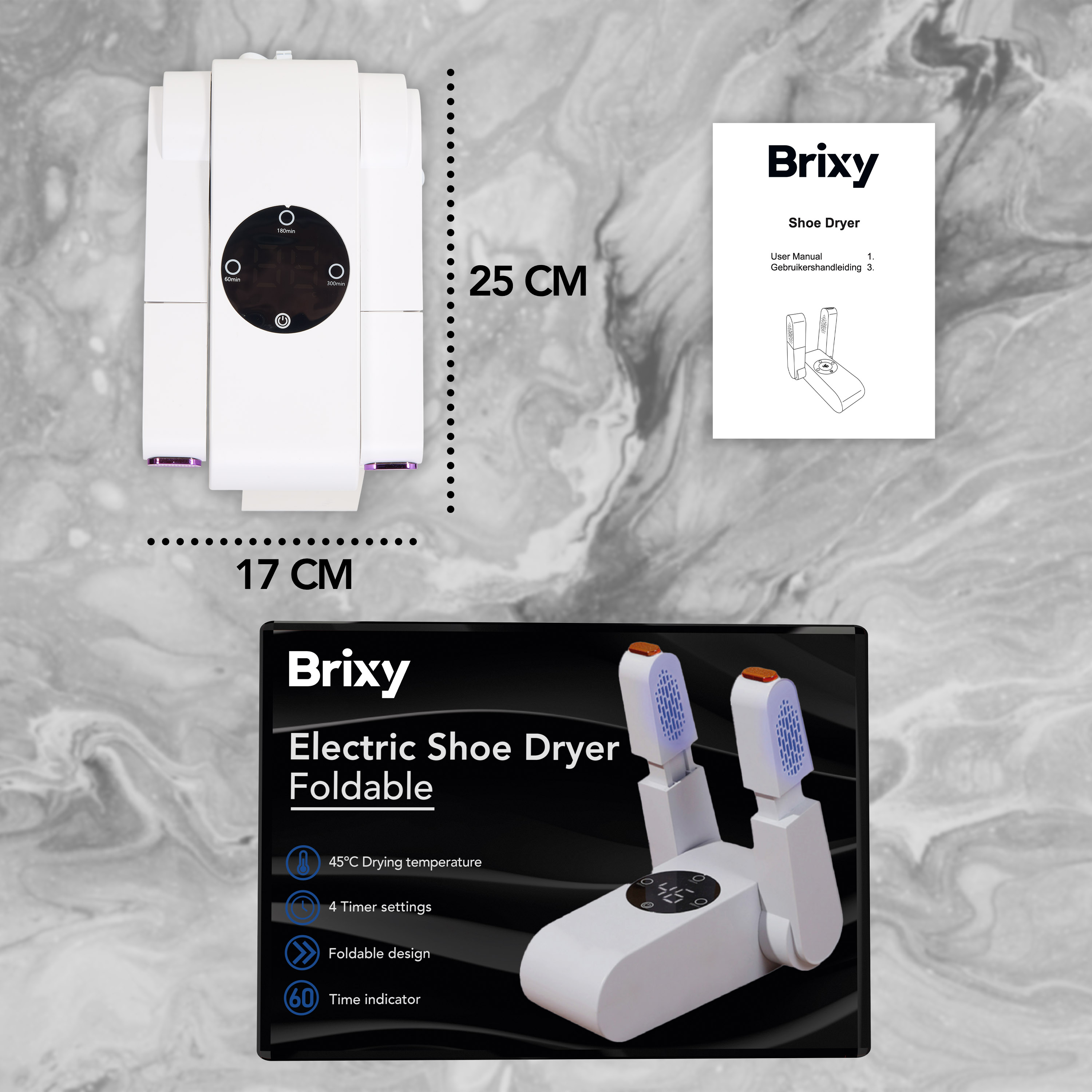 A shoe dryer set. It shows the dryer, dimensions, and features. The brand name is 'Brixy'.