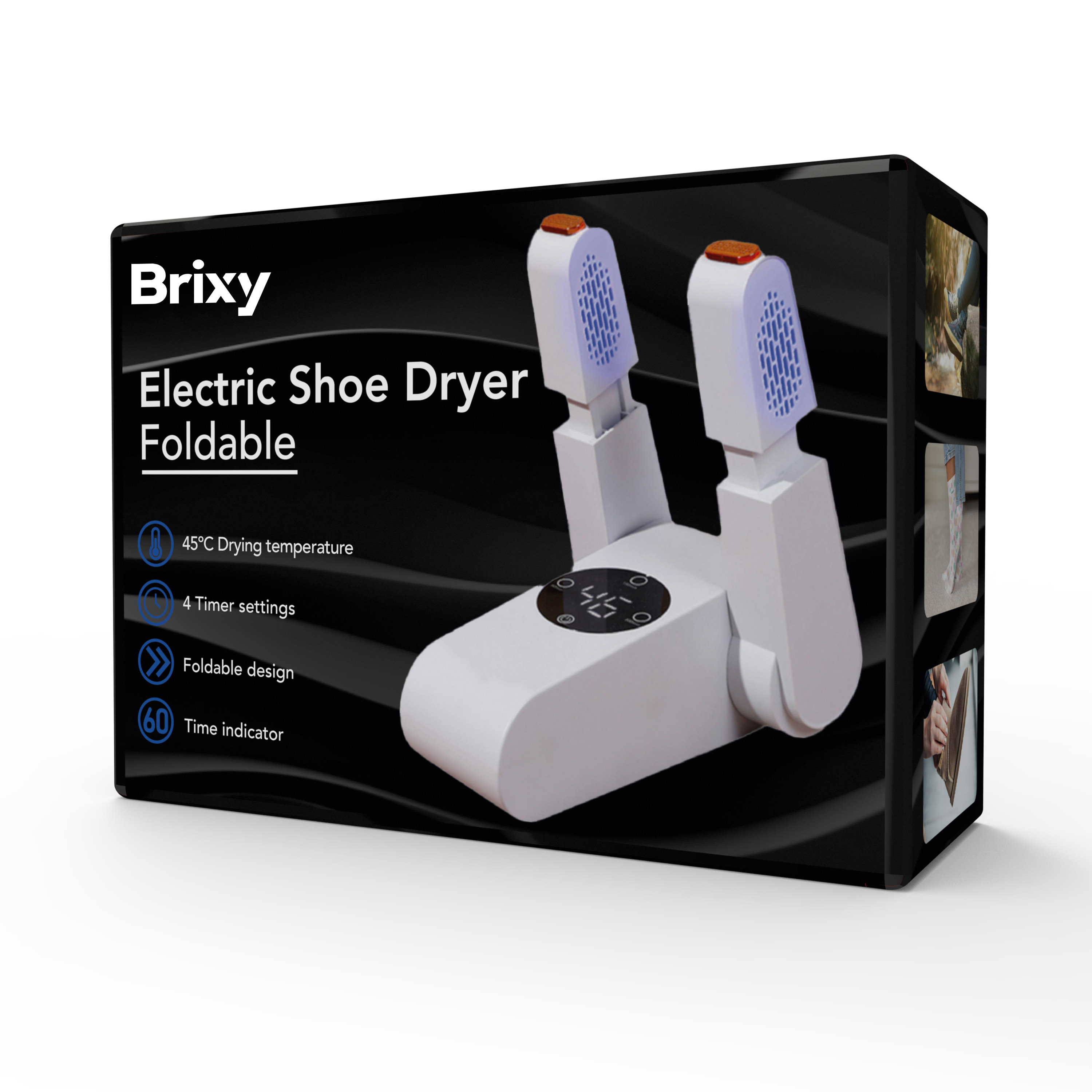 White and black electric shoe dryer on a black box, with text.