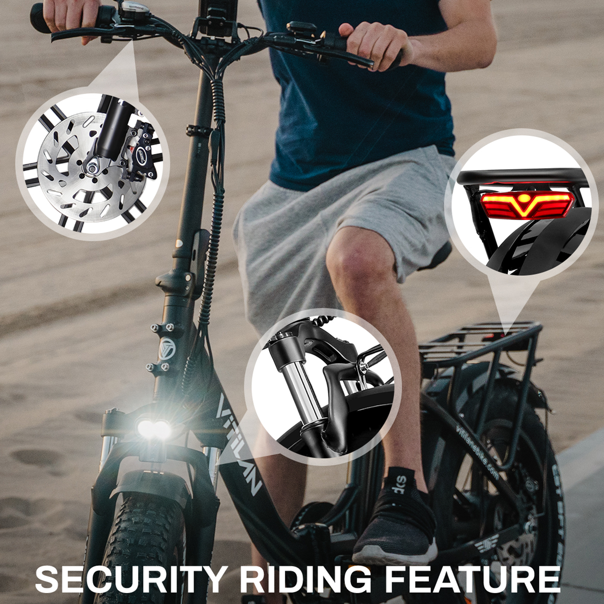 Mężczyzna jadący czarnym rowerem elektrycznym z podświetlonymi elementami: hamulcem tarczowym, tylnym światłem i zawieszeniem.