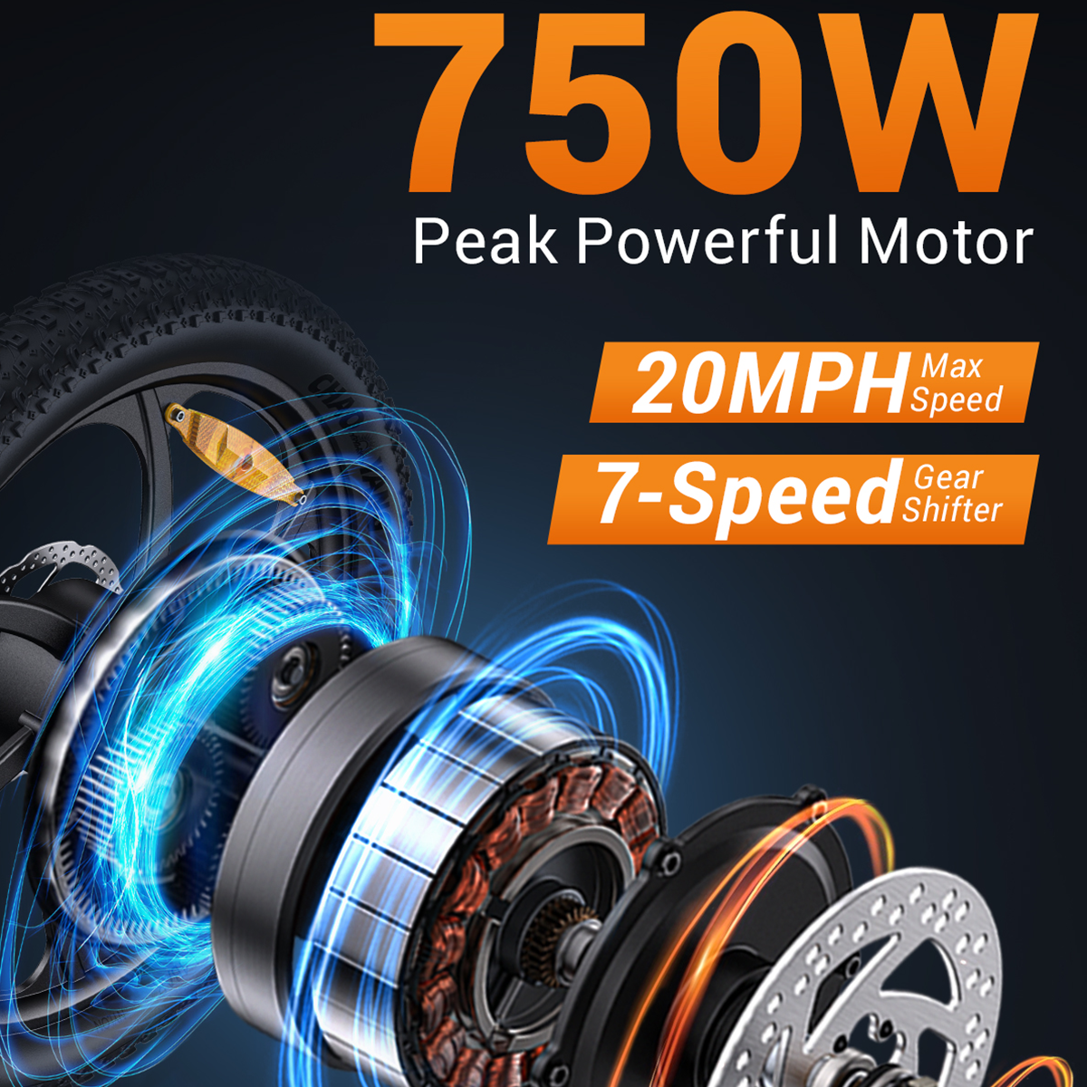 Silnik roweru elektrycznego z tekstem, 750W, 20MPH Max Speed, 7-biegowa przekładnia.