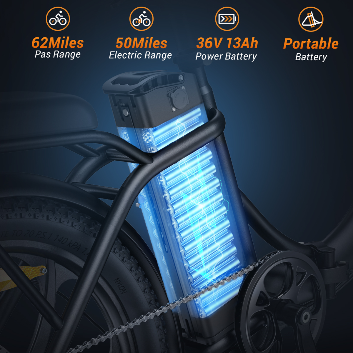 Rower elektryczny ze specyfikacjami: zasięg 62 mil, zasięg elektryczny 50 mil, bateria 36V 13Ah. Przenośna bateria.