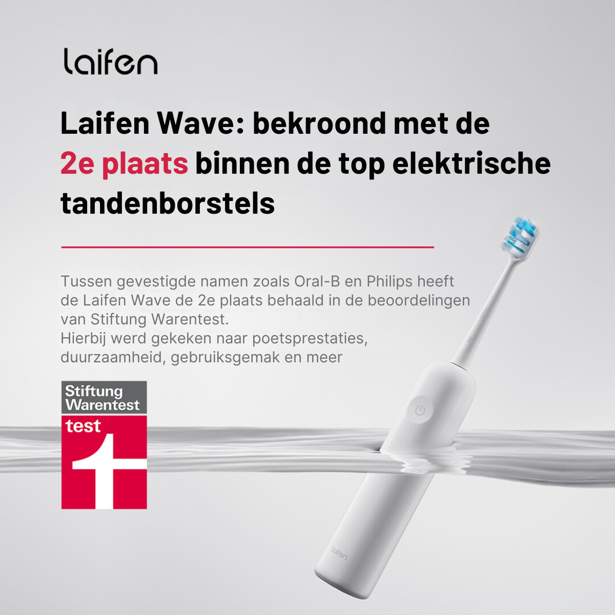 Reklama szczoteczki elektrycznej. Podkreśla jej ocenę i pokazuje produkt.