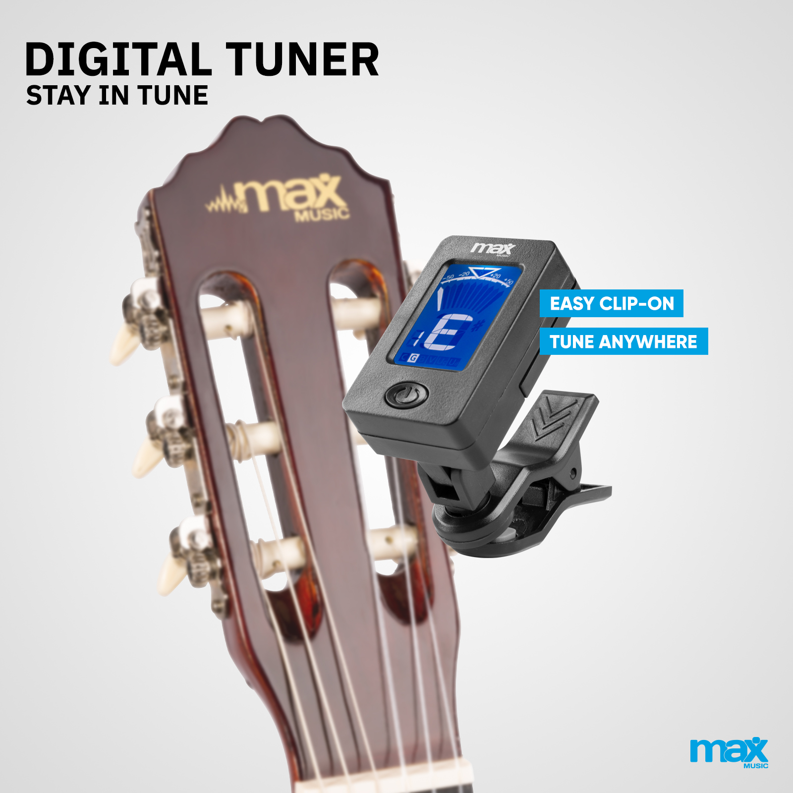 Gitarrenkopf mit Stimmgerät, blaues Display mit E, Text und Logo.