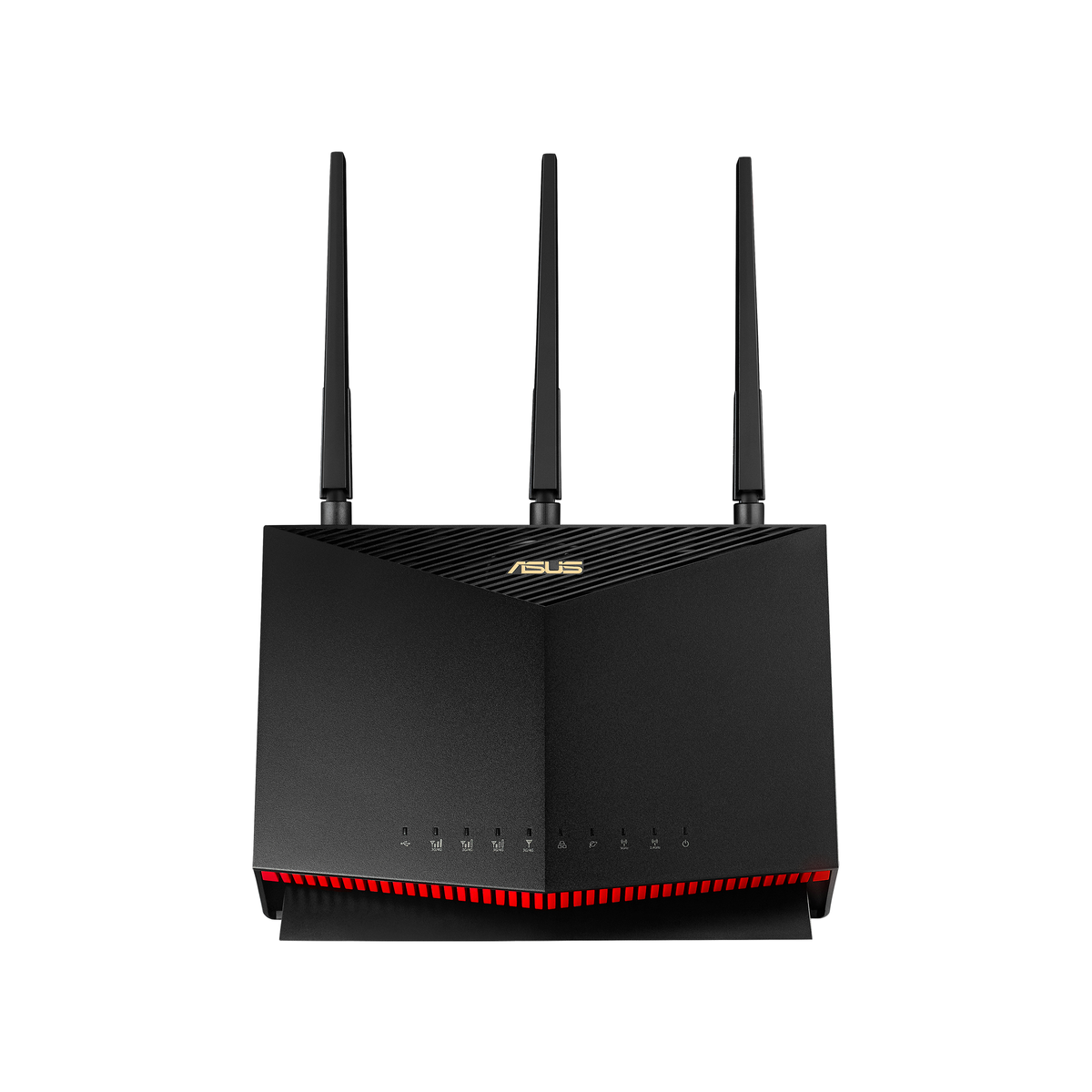 Czarny router ASUS z trzema antenami i diodami LED. Logo ASUS jest wyświetlane na urządzeniu.