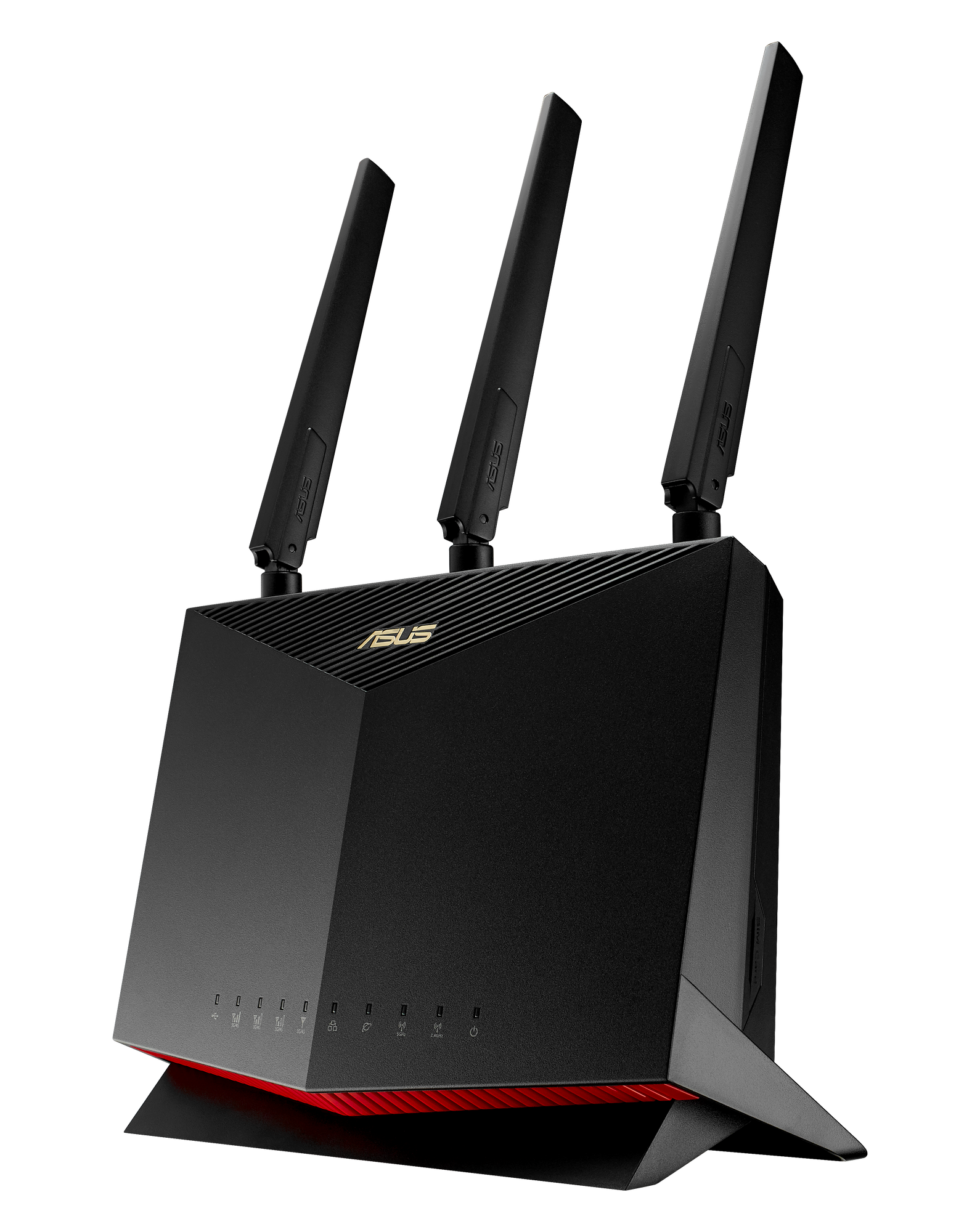 Czarny router z trzema antenami. Widoczne logo ASUS. Czarne tło.