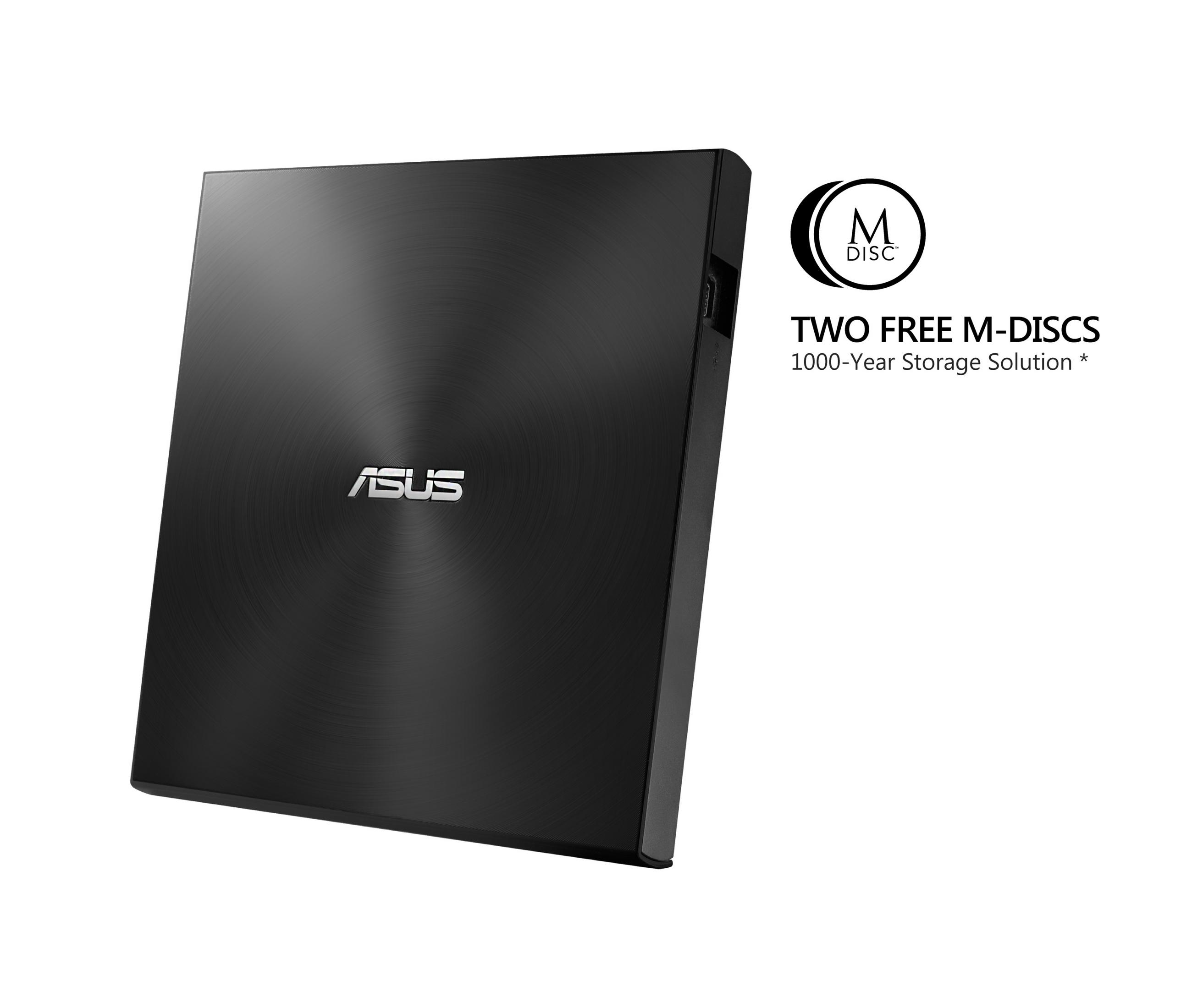 Un lecteur DVD externe ASUS noir avec texte et logo. Fond blanc.