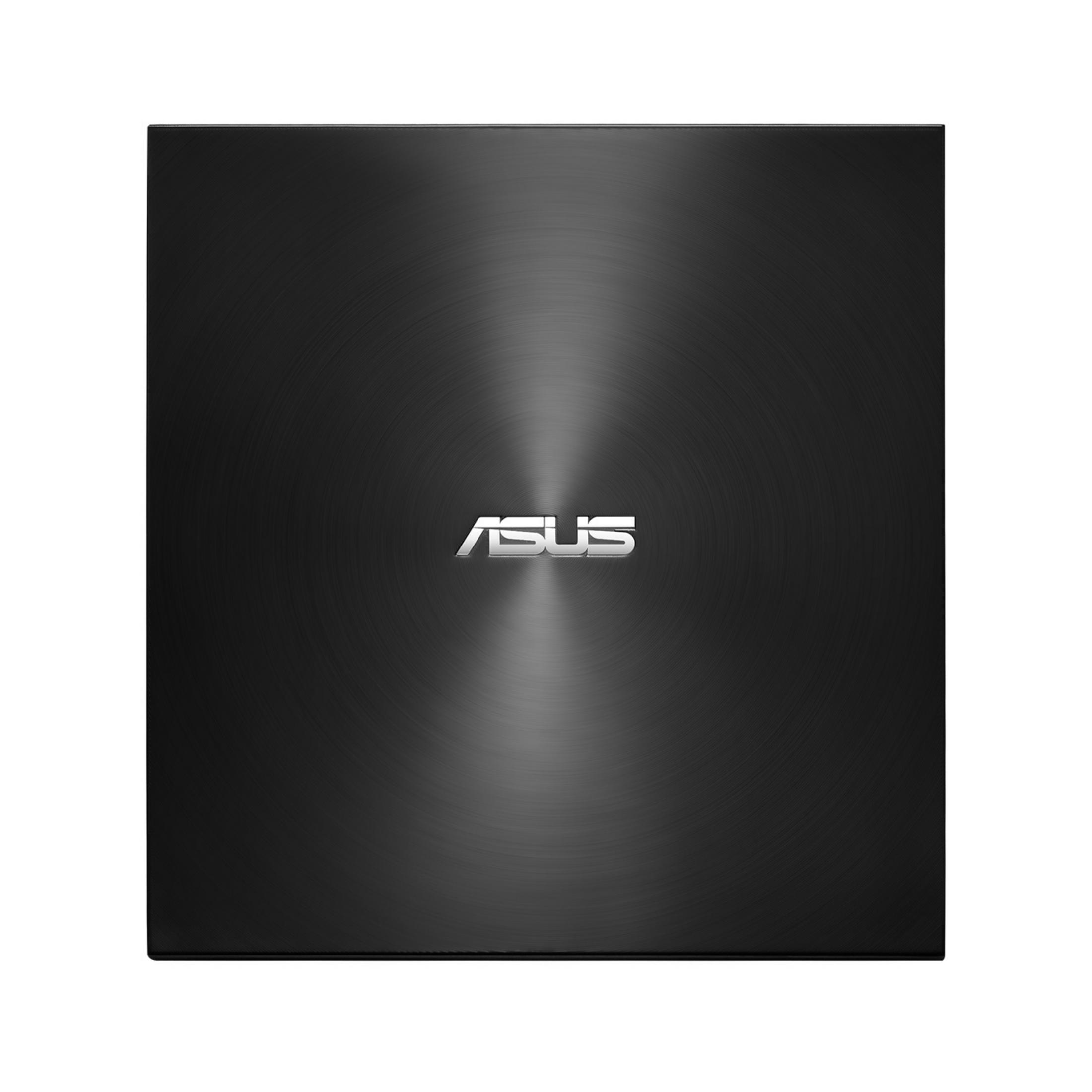 Lecteur DVD externe ASUS carré noir. La surface présente un motif circulaire avec le logo ASUS.