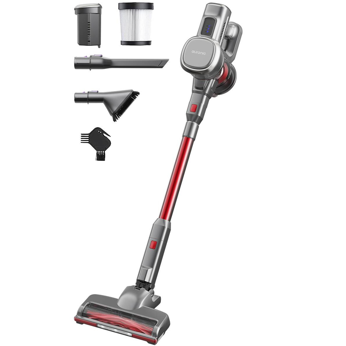 Aspirateur sans fil rouge et gris avec accessoires.