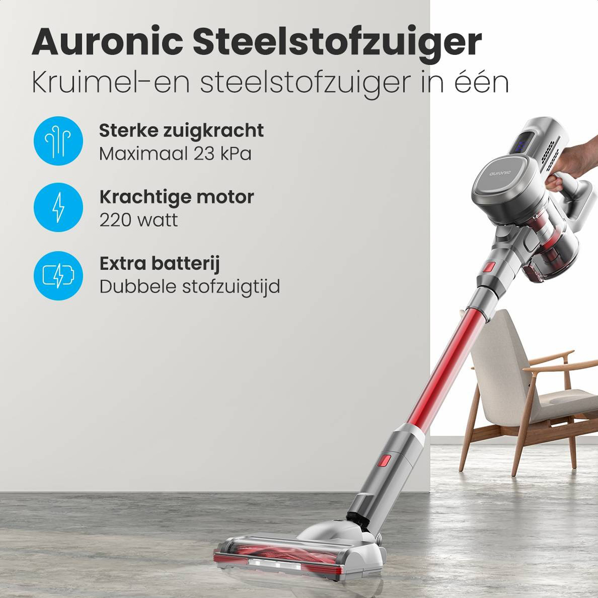 Aspirateur avec des détails rouges et argentés. Montre les caractéristiques et une femme tenant le produit.