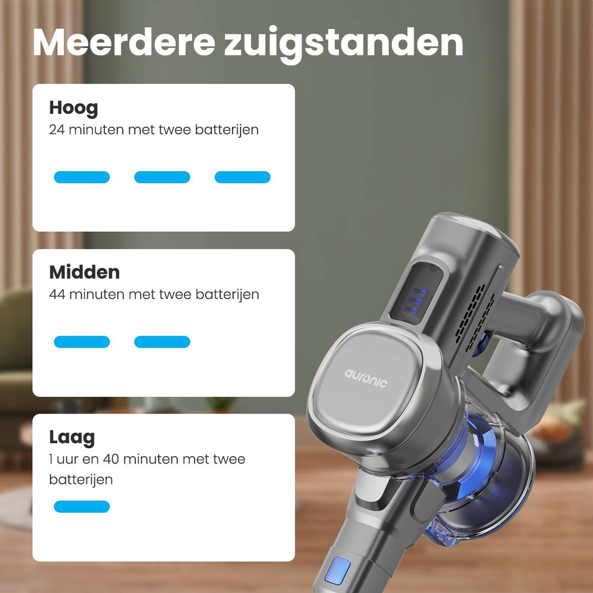 Vacuum cleaner with different suction modes, showing battery life.