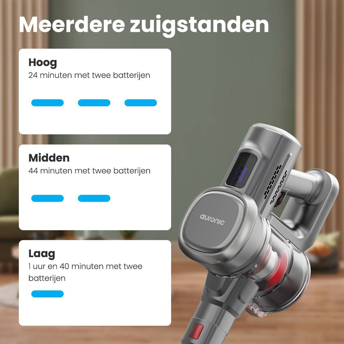 Un aspirateur gris montrant différents modes d'alimentation et la durée de vie de la batterie dans un graphique.