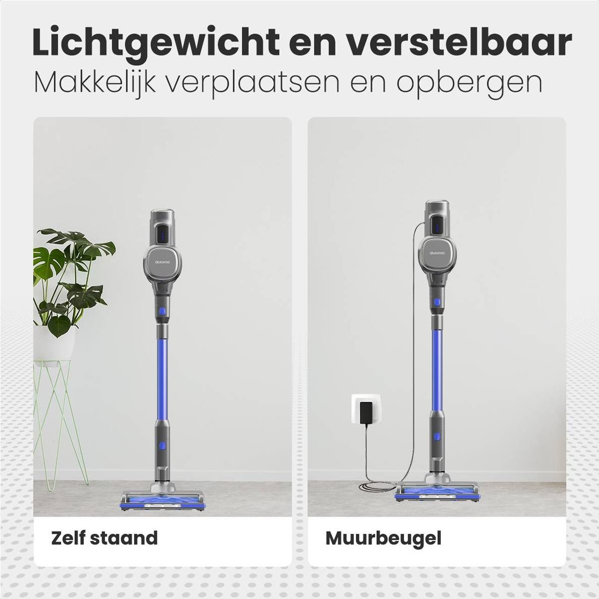 Two vacuum cleaners in front of a white wall. One is standing and the other is charging.