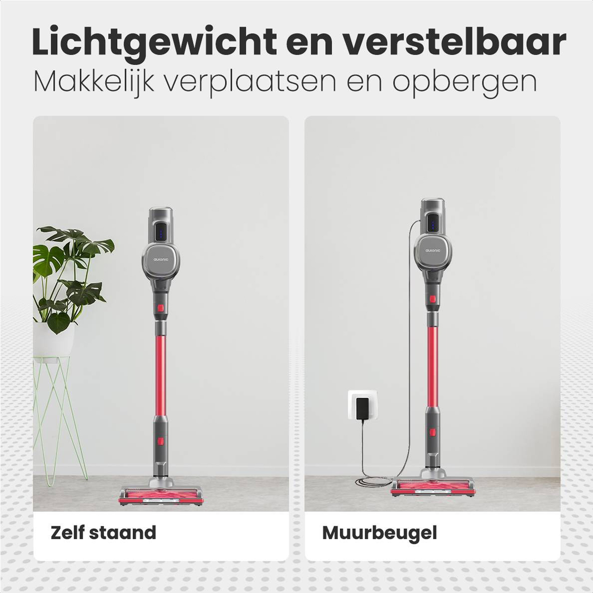 Deux images montrant un aspirateur sans fil, debout et monté.