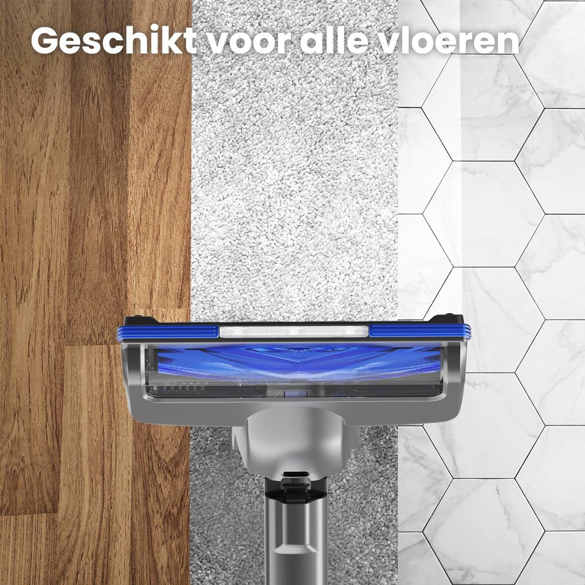 Vacuum cleaner head on different floor types. Wood, carpet, and tiles. The head is gray and blue.