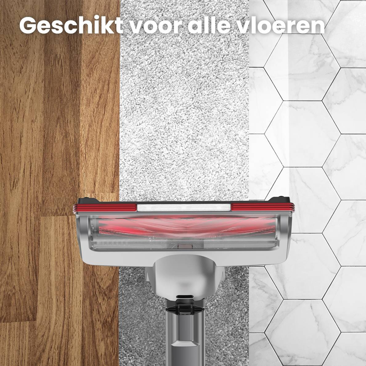 Une tête d'aspirateur nettoyant différents sols. Bois, moquette et carrelage sont montrés.