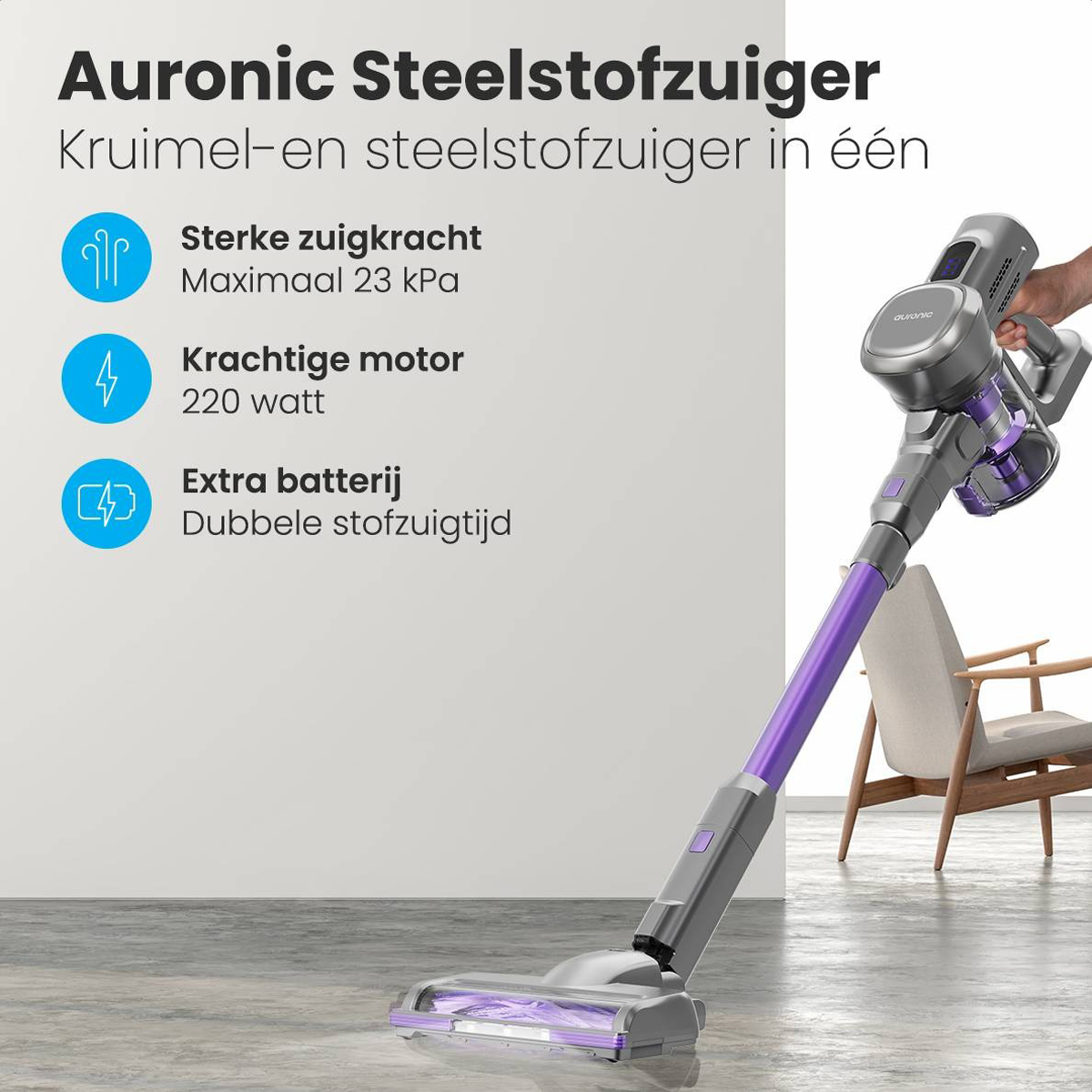 A woman using a blue and silver vacuum cleaner in a living room. There are flowers on the table.