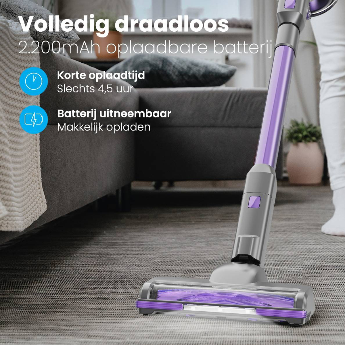 Wireless vacuum cleaner, purple and grey. Charging on a carpet. White background.