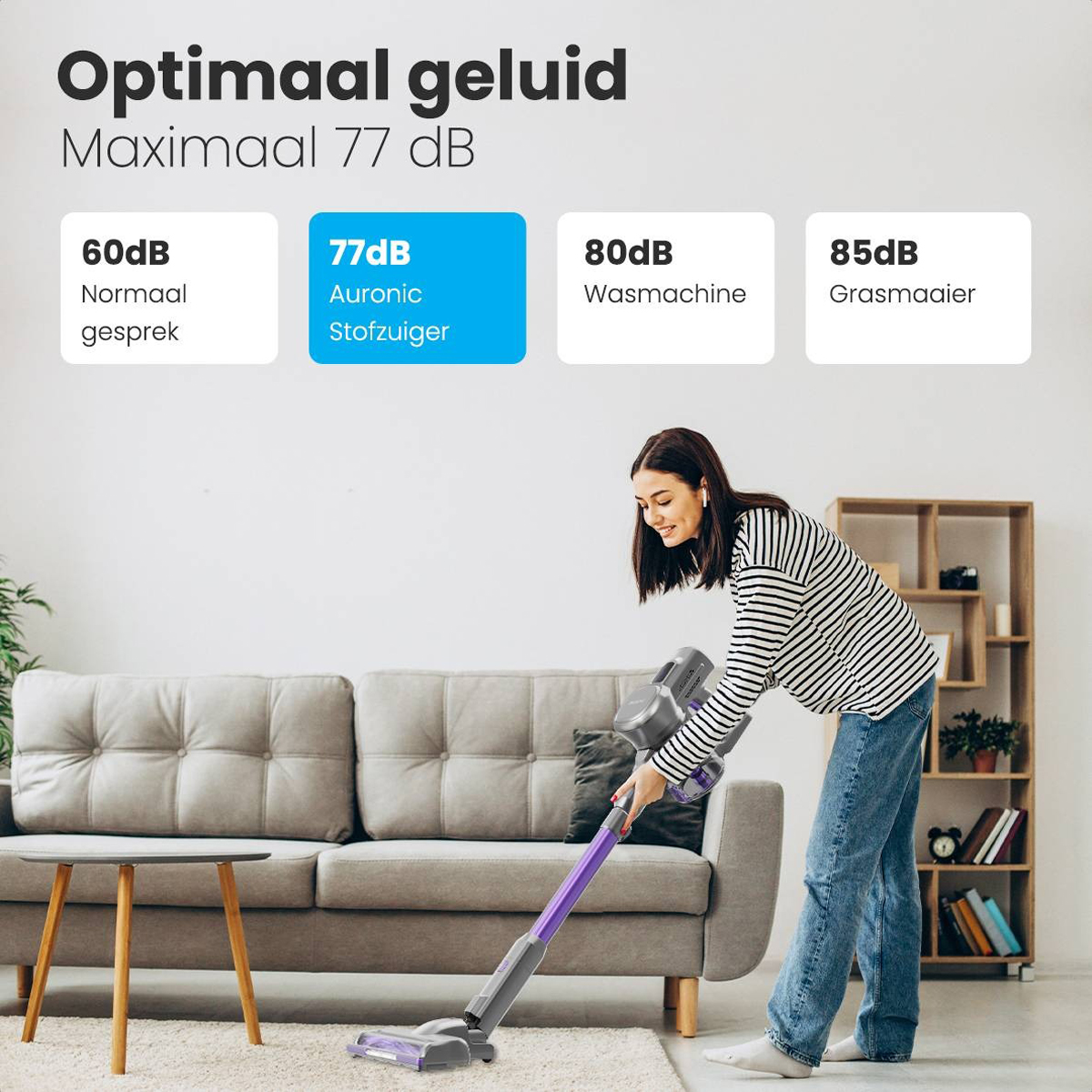 A woman vacuuming a carpet with a cordless vacuum cleaner, text about sound levels.