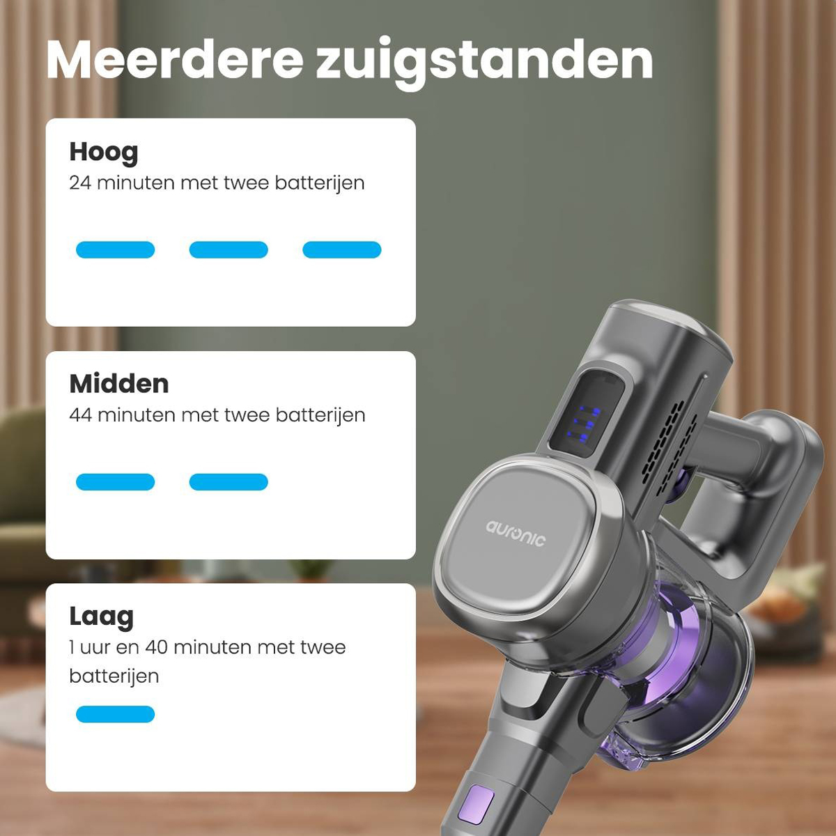 Vacuum cleaner with three suction modes. The image describes different run times with batteries.
