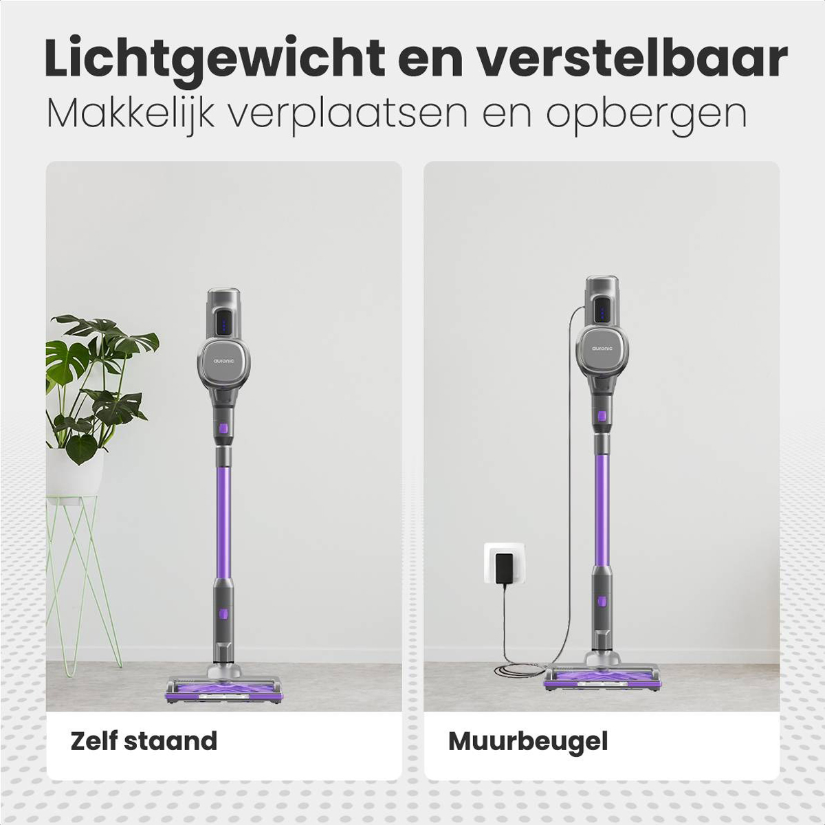 Two images of a vacuum. One shows it standing, and the other shows it charging against the wall.