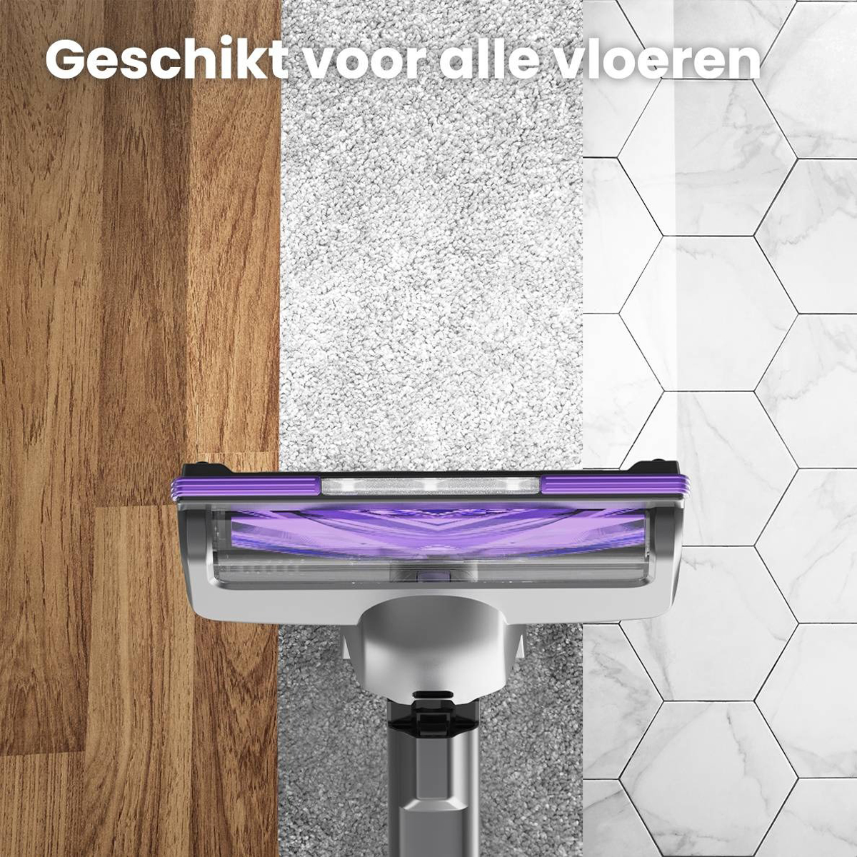 Vacuum head cleaning three floor types: wood, carpet, and tile.